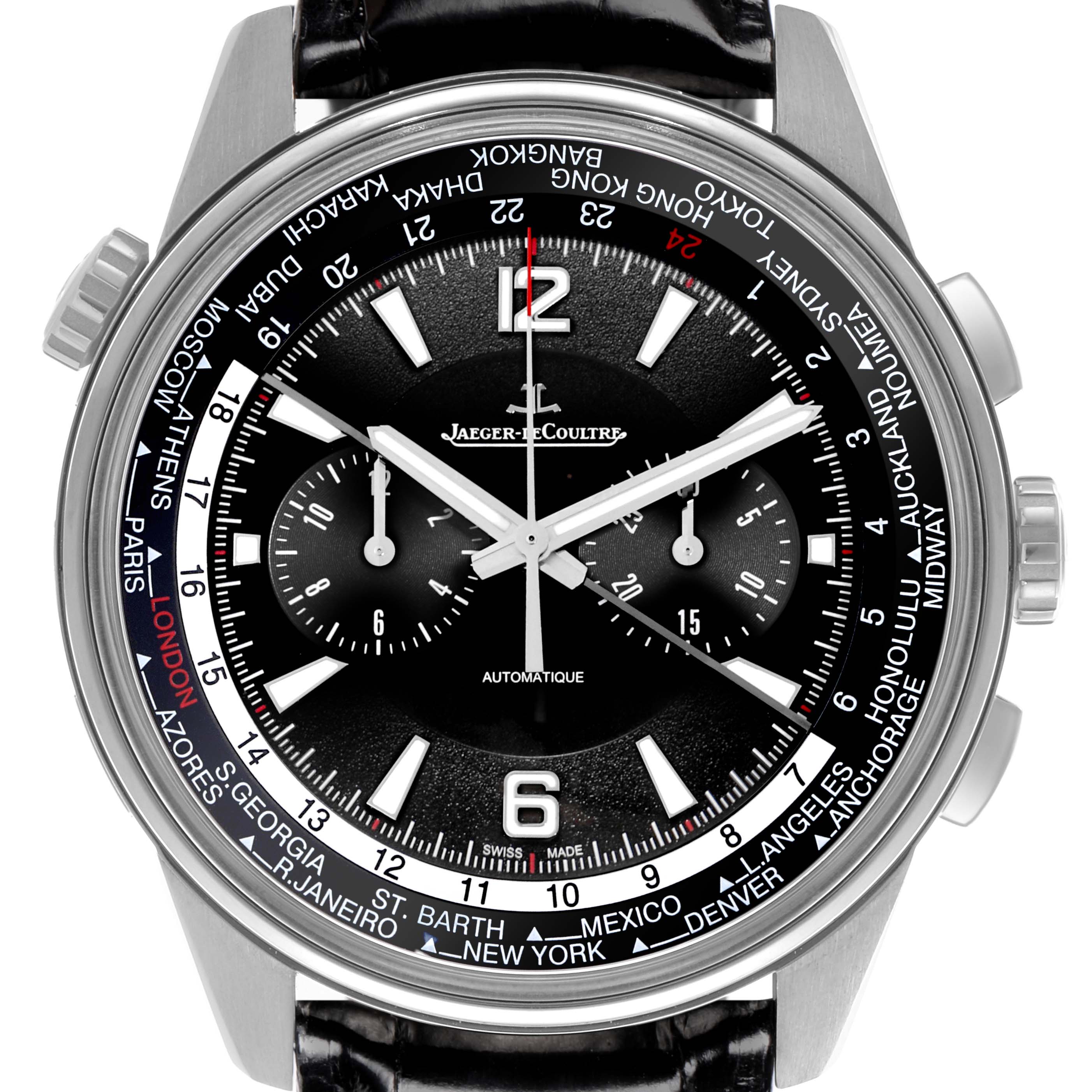 The Jaeger-LeCoultre Polaris watch is shown from the front, featuring its dial, bezel with cities, and a leather band.