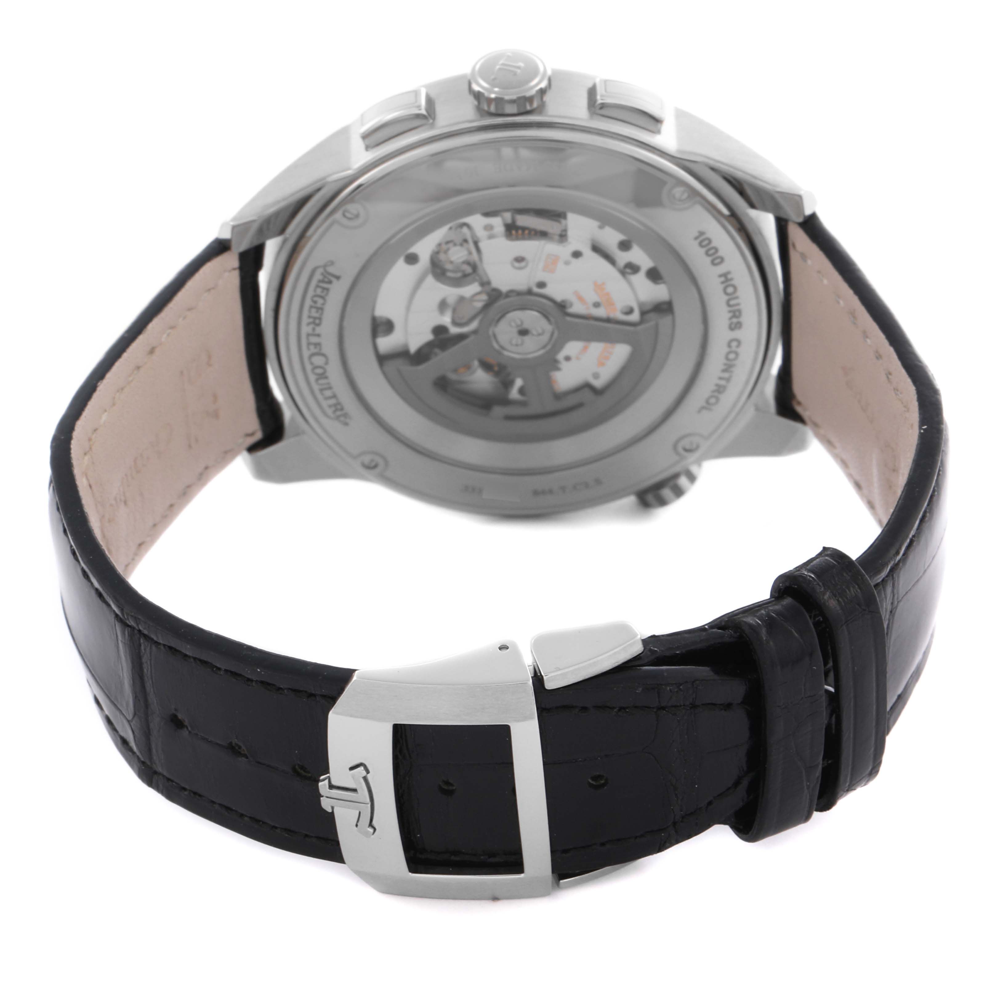 The Jaeger-LeCoultre Polaris is shown from the back, highlighting the exhibition case back and strap buckle.