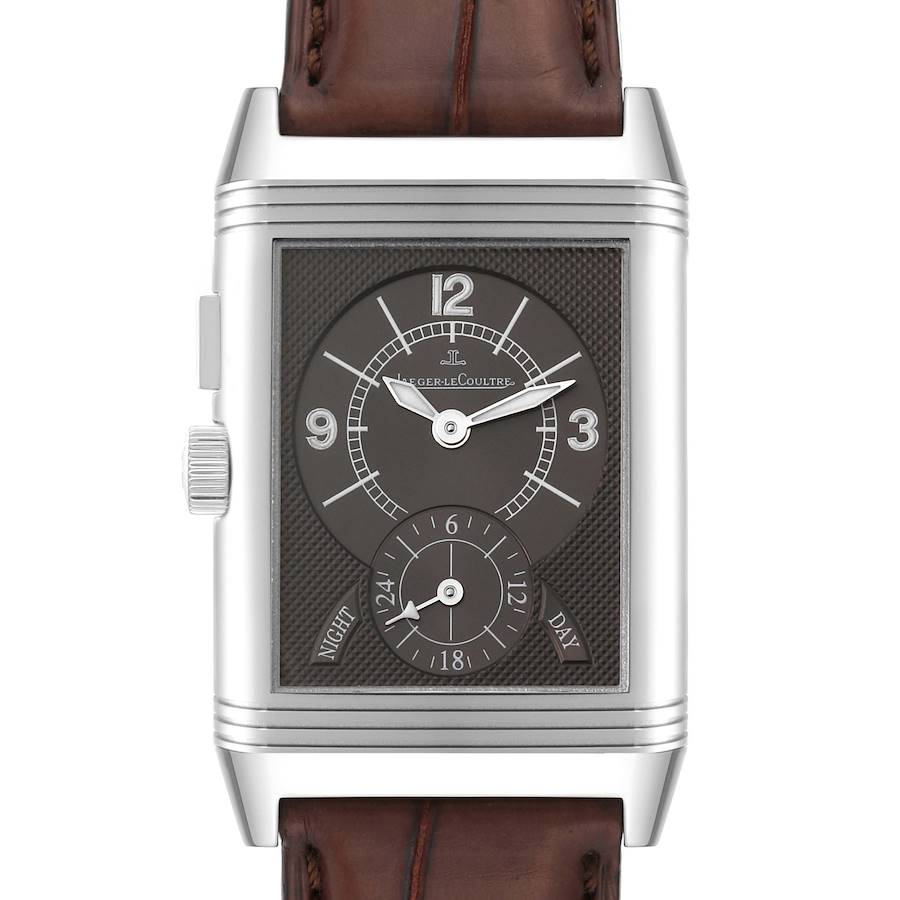 The image shows a frontal view of the Jaeger LeCoultre Reverso model watch, including the dial, case, crown, and leather strap.