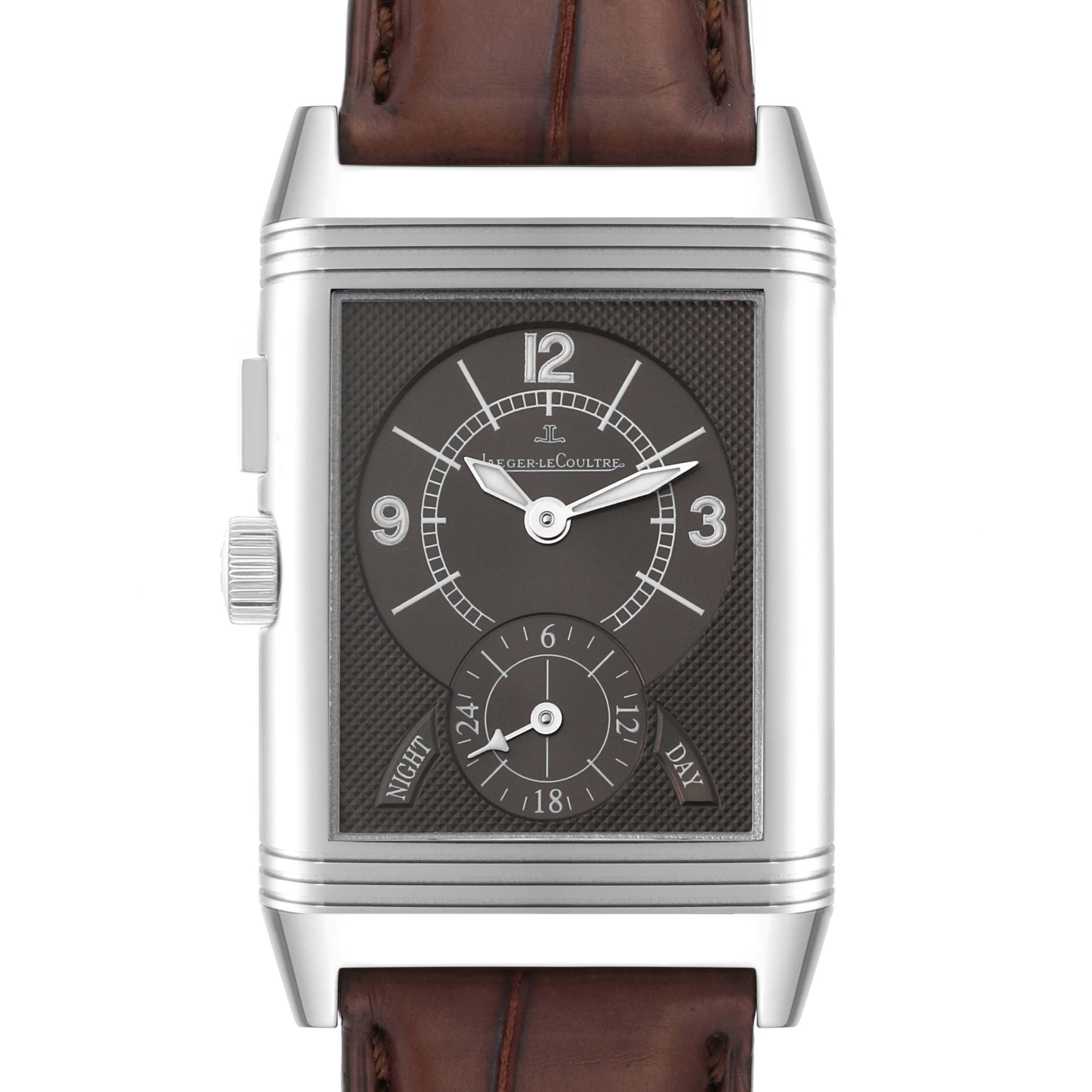 The image shows a frontal view of the Jaeger LeCoultre Reverso Q2718410 Men
s Stainless Steel Silver Dial Q2718410 Men
s Stainless Steel Silver Dial model watch, including the dial, case, crown, and leather strap.