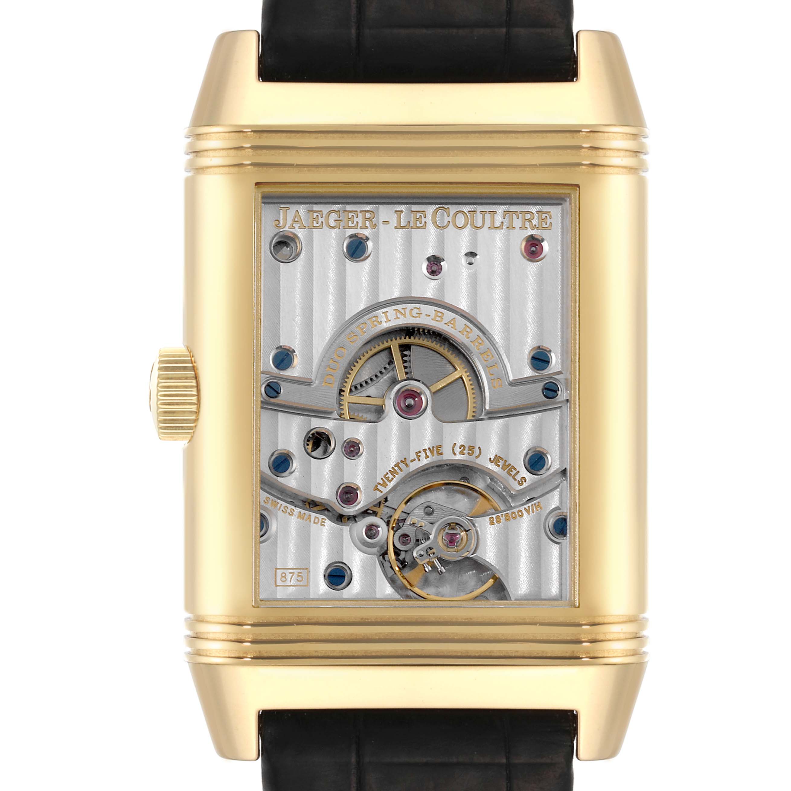 The image shows a frontal view of the Jaeger-LeCoultre Reverso watch, highlighting its exposed internal mechanics.