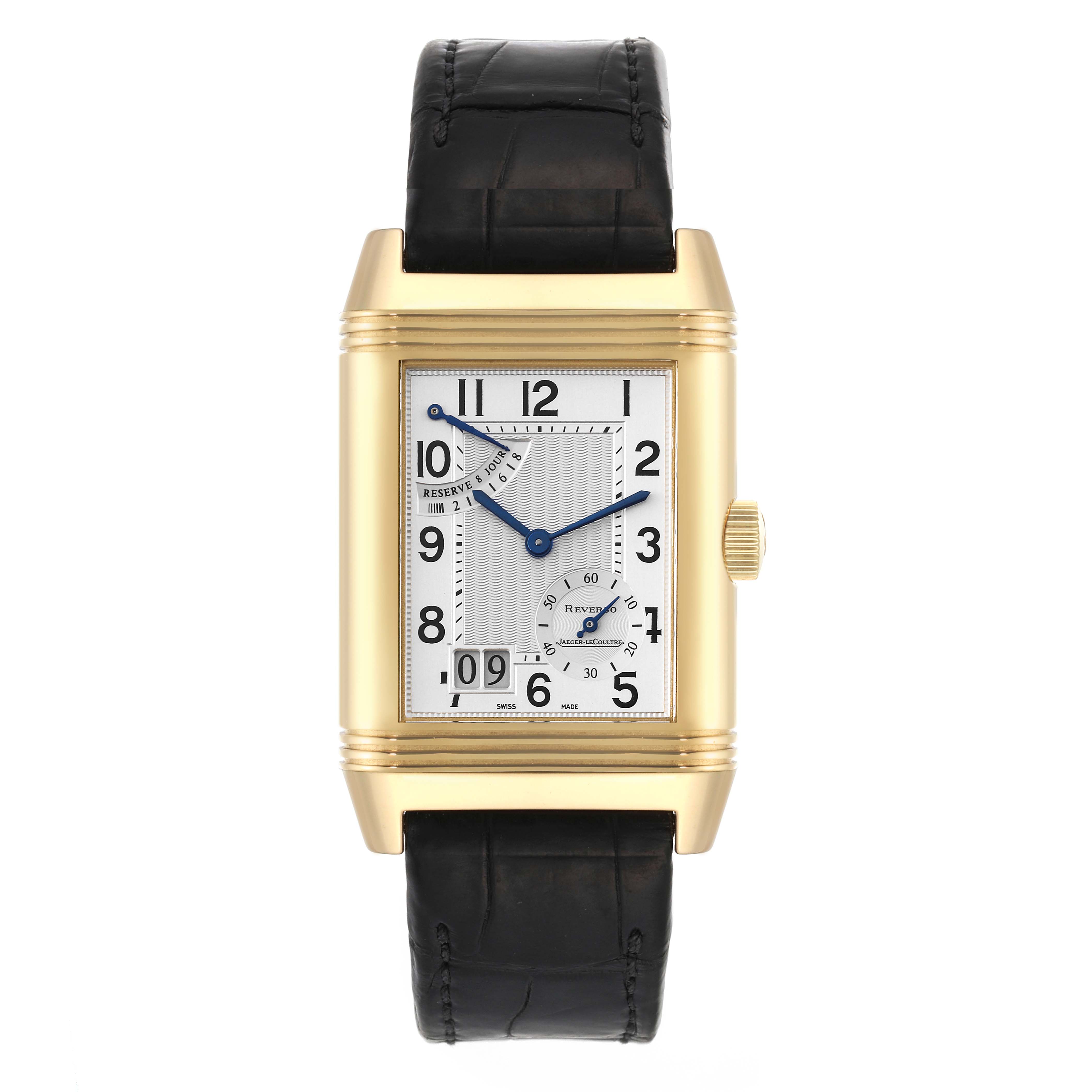 This image shows a Jaeger LeCoultre Reverso Q3001420 Men's Yellow Gold Silver Dial Q3001420 Men's Yellow Gold Silver Dial watch from a front angle, displaying its rectangular face and black leather strap.