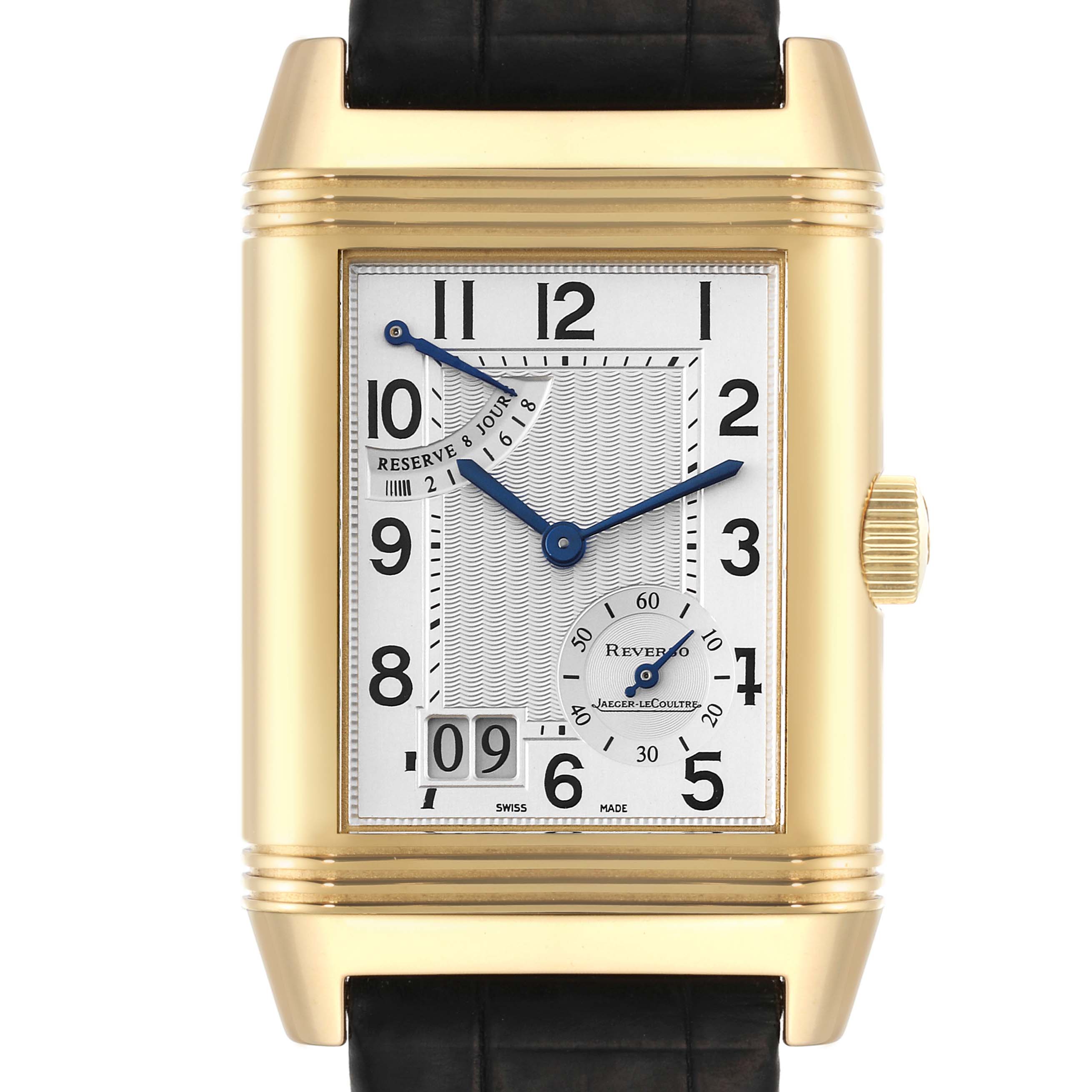 This image shows a front view of the Jaeger LeCoultre Reverso Q3001420 Men's Yellow Gold Silver Dial Q3001420 Men's Yellow Gold Silver Dial watch, highlighting its dial, case, and crown.