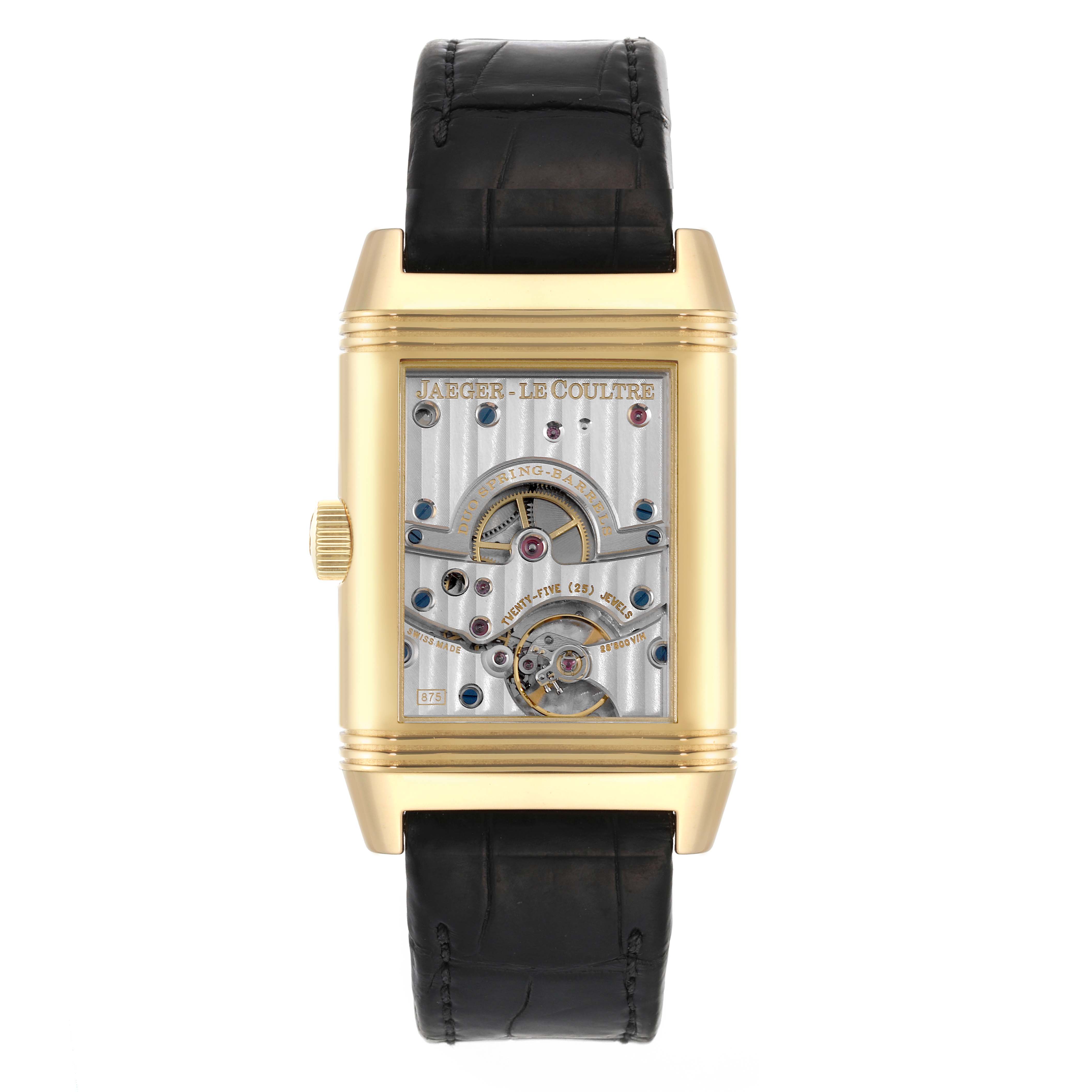 The image shows a front view of a Jaeger LeCoultre Reverso Q3001420 Men's Yellow Gold Silver Dial Q3001420 Men's Yellow Gold Silver Dial watch, highlighting its mechanical movement through a transparent case back.