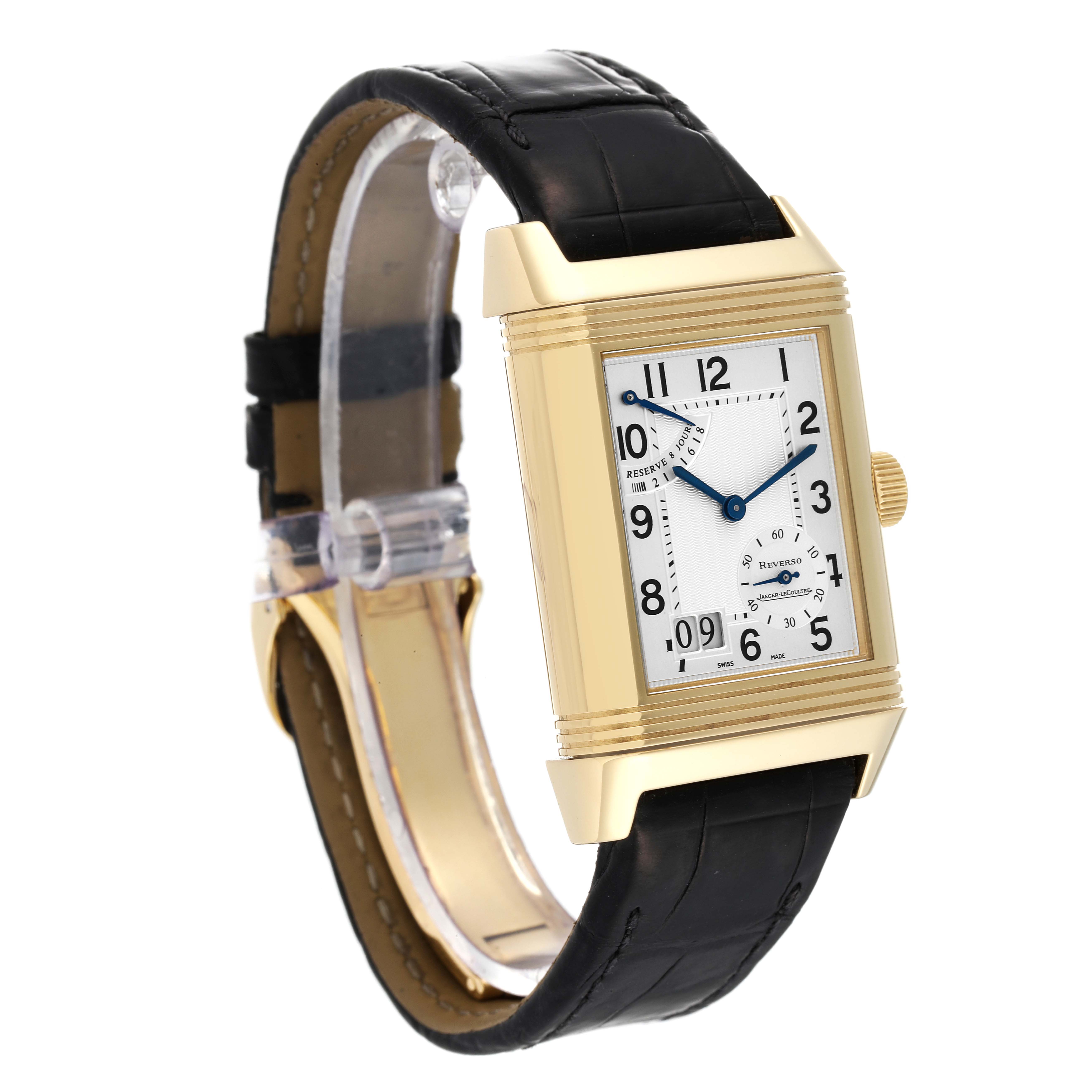 The image shows the Jaeger LeCoultre Reverso Q3001420 Men's Yellow Gold Silver Dial Q3001420 Men's Yellow Gold Silver Dial watch at a three-quarter angle, displaying the dial and black leather strap.