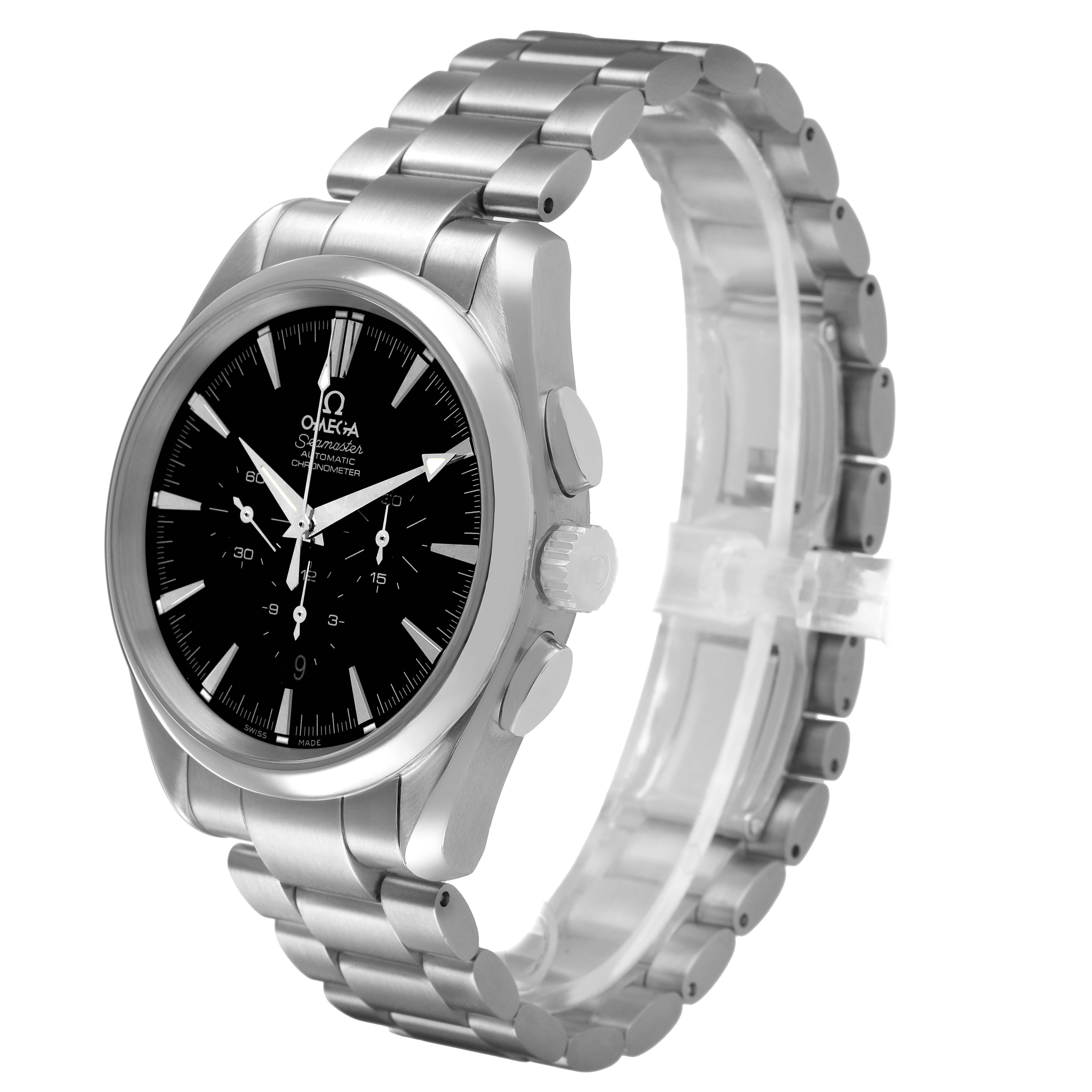 The Omega Aqua Terra 2512.50.00 Men's Stainless Steel Black Dial watch is shown at a three-quarter angle highlighting the face and metal bracelet.