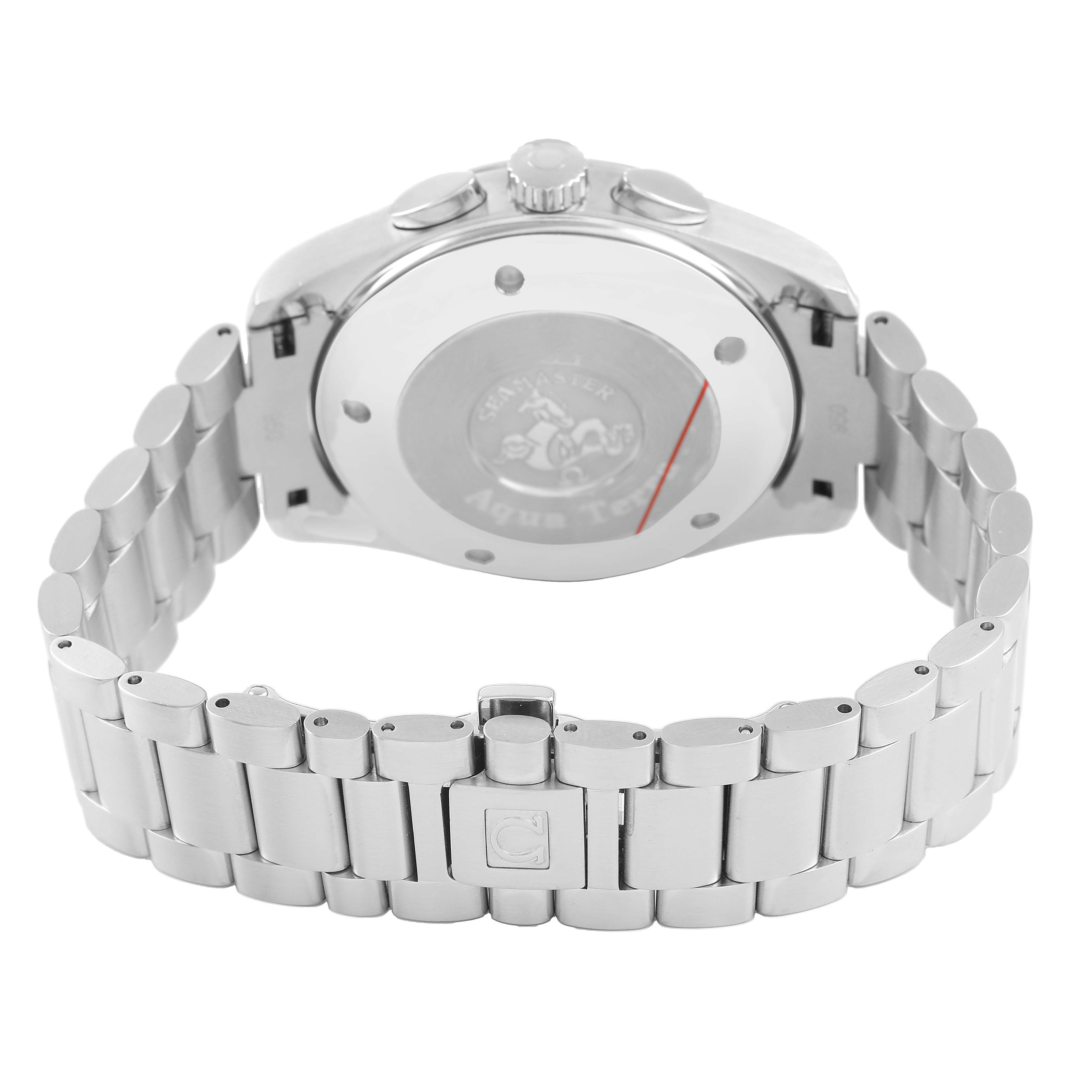 The image shows the back view of the Omega Aqua Terra 2512.50.00 Men's Stainless Steel Black Dial watch, highlighting the case back and stainless steel bracelet.