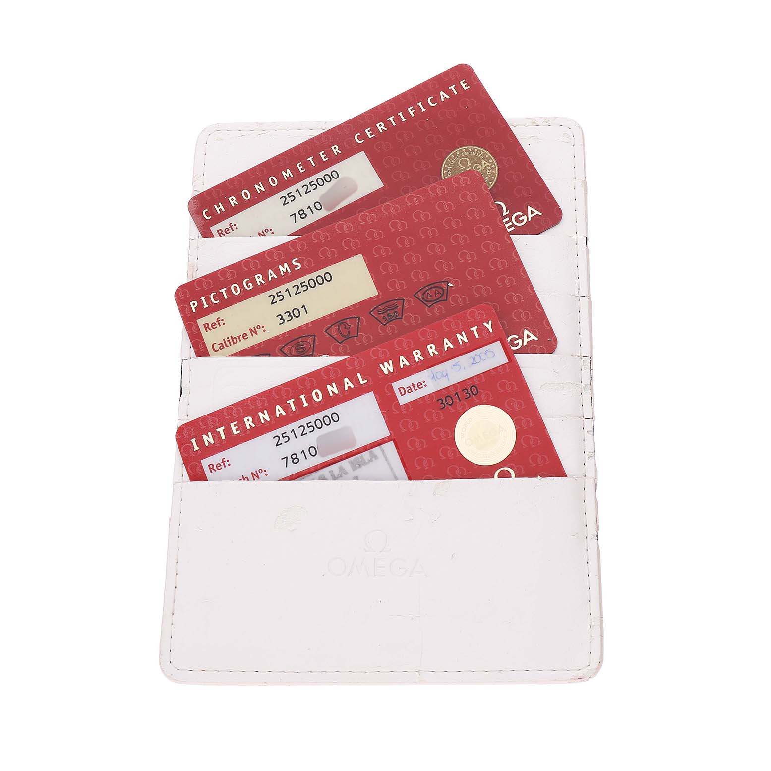 The image shows the warranty and certificate cards for an Omega Aqua Terra 2512.50.00 Men's Stainless Steel Black Dial watch in a white card holder.