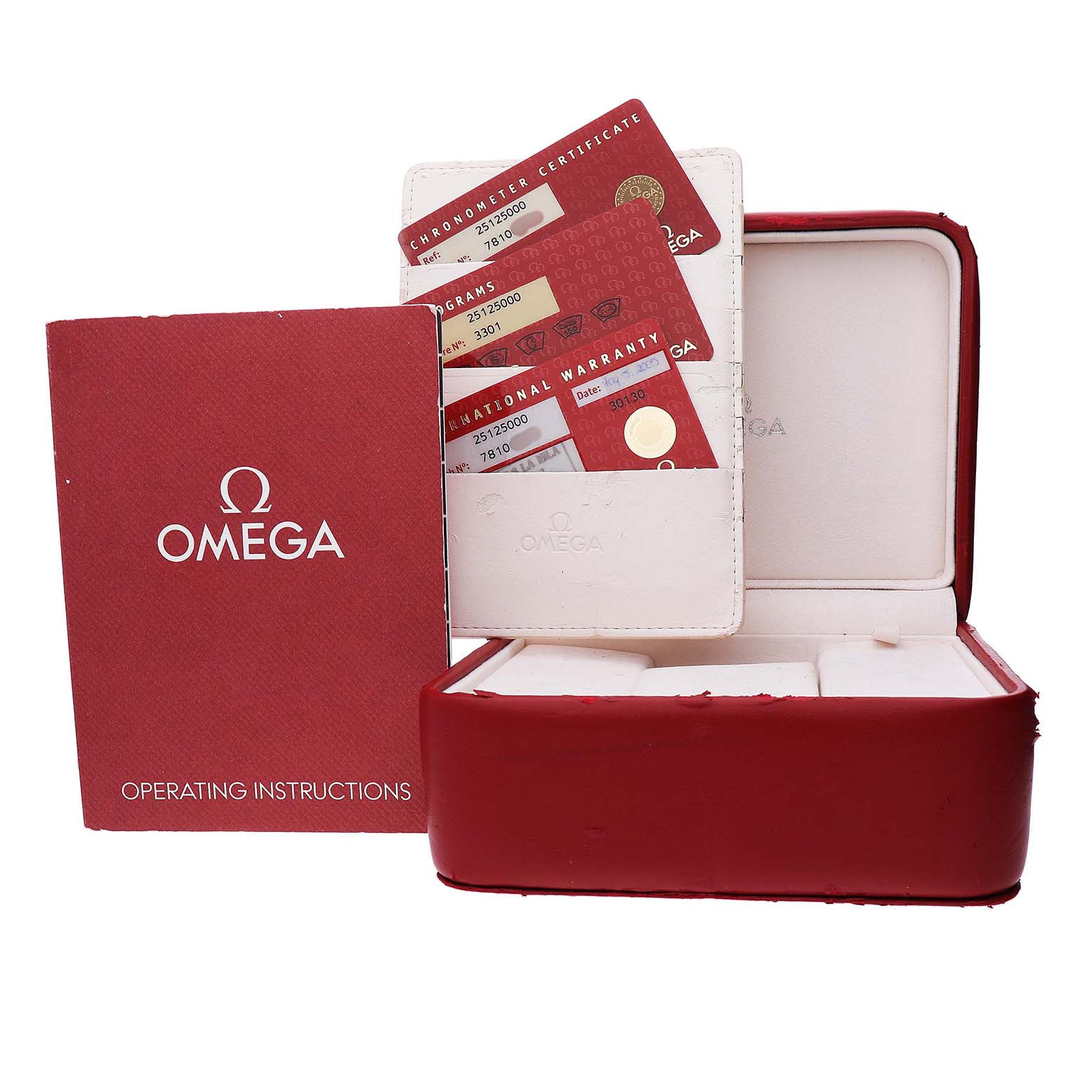 The image shows the Omega Aqua Terra 2512.50.00 Men's Stainless Steel Black Dial watch box, warranty cards, and operating instructions.