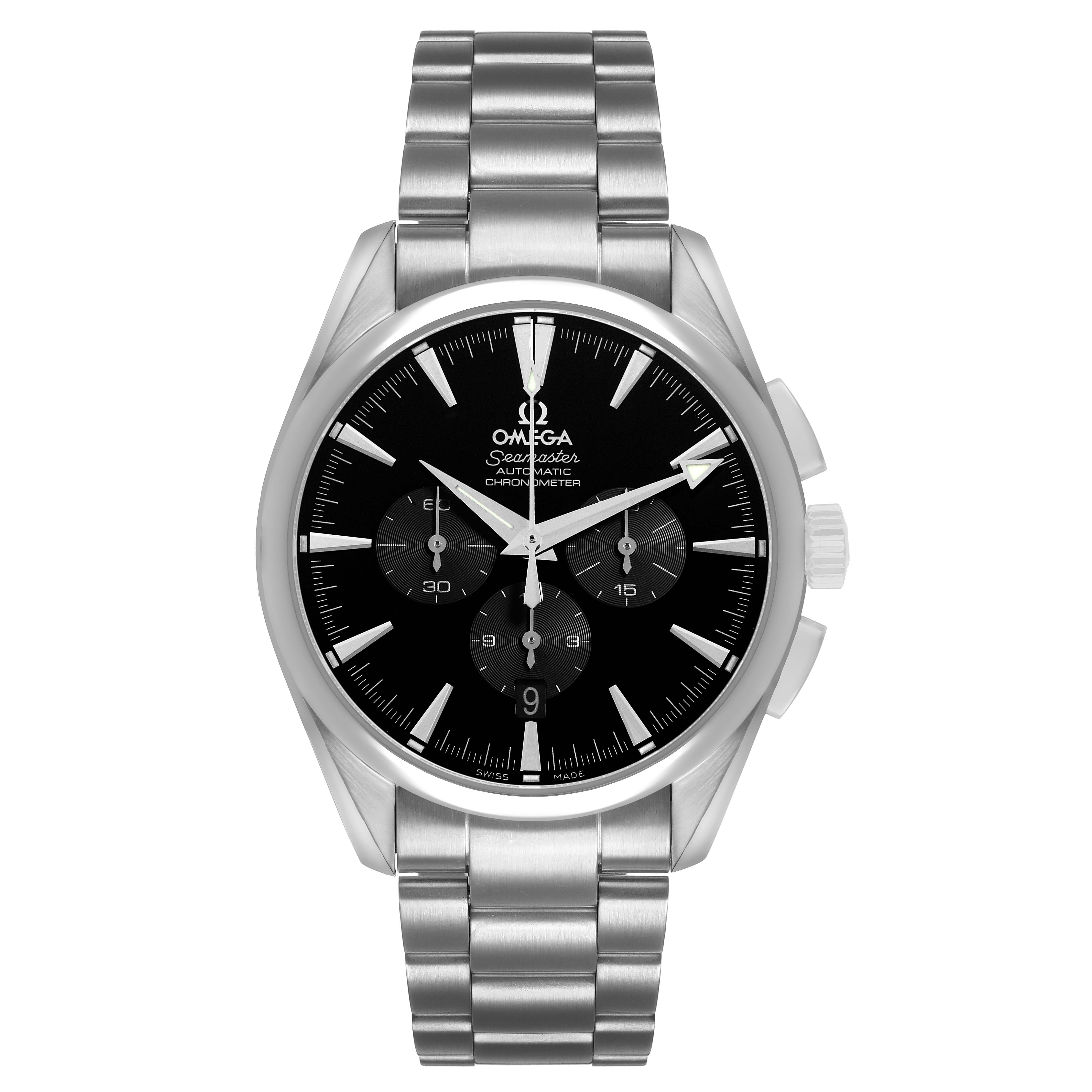 The Omega Aqua Terra 2512.50.00 Men's Stainless Steel Black Dial watch is shown from a front angle, displaying its face, bezel, and bracelet clearly.