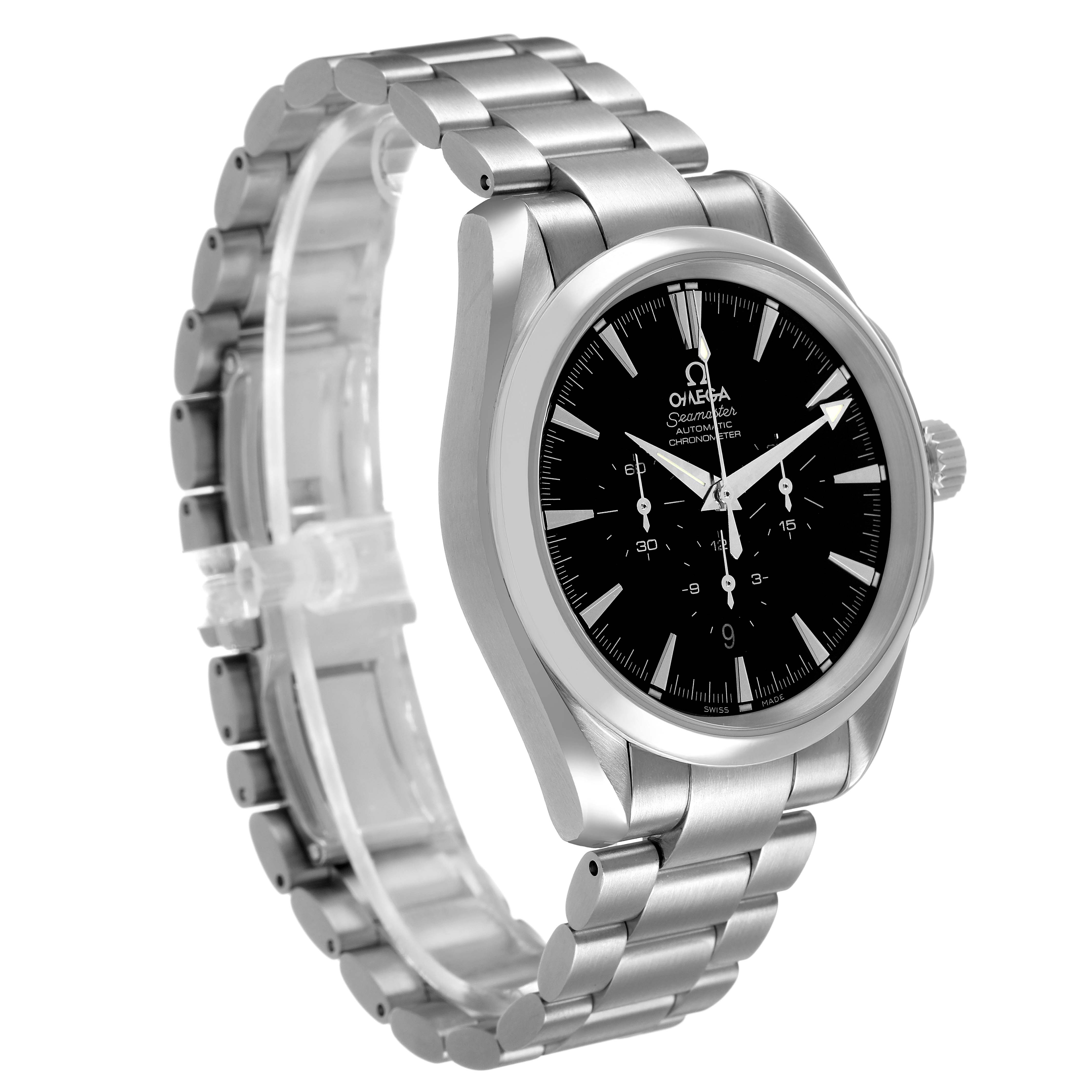 The Omega Aqua Terra 2512.50.00 Men's Stainless Steel Black Dial watch is shown at a three-quarter angle, displaying its dial, bezel, side case, and metal bracelet.