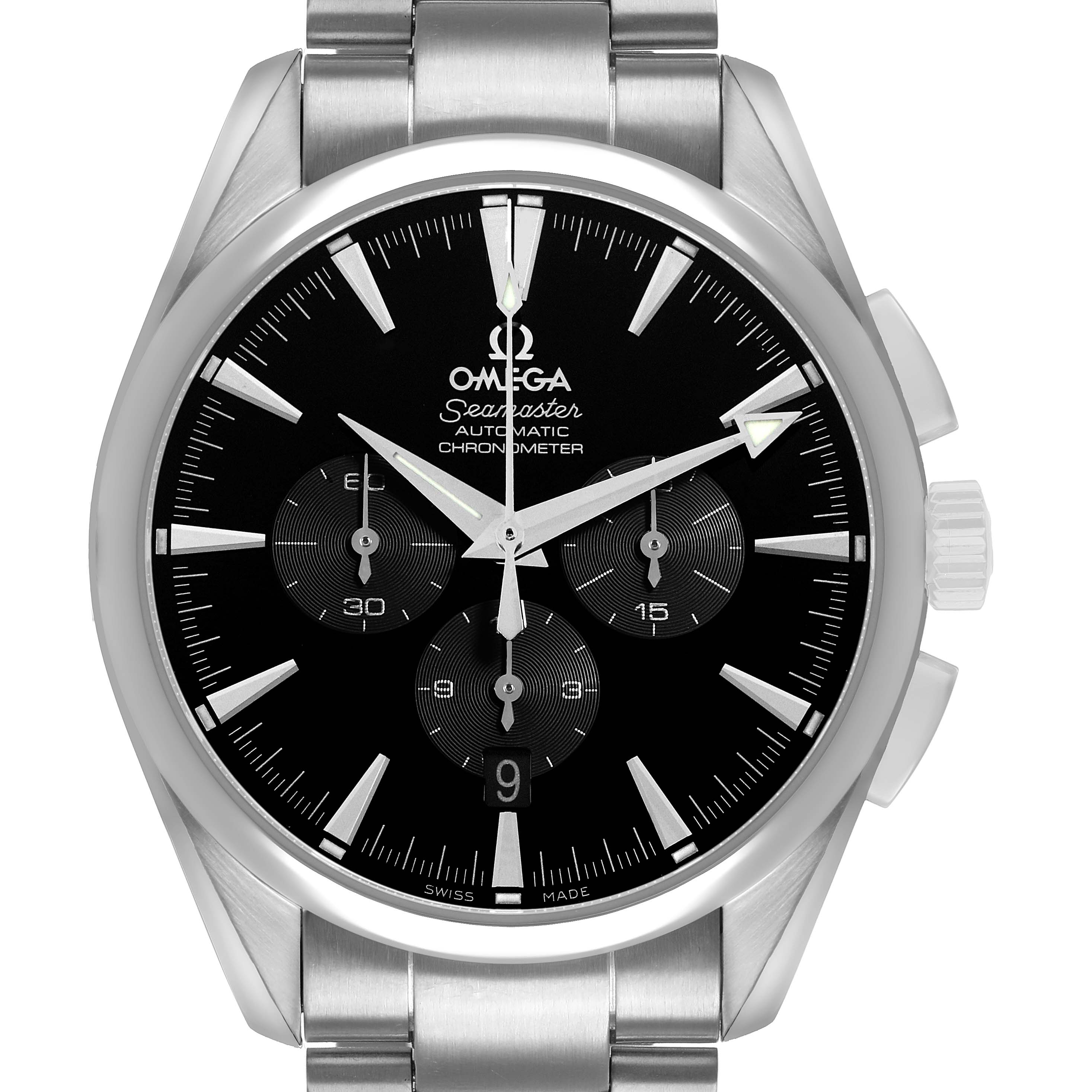 The Omega Aqua Terra 2512.50.00 Men's Stainless Steel Black Dial watch is shown from the front, highlighting its black dial, chronograph subdials, and stainless steel bracelet.