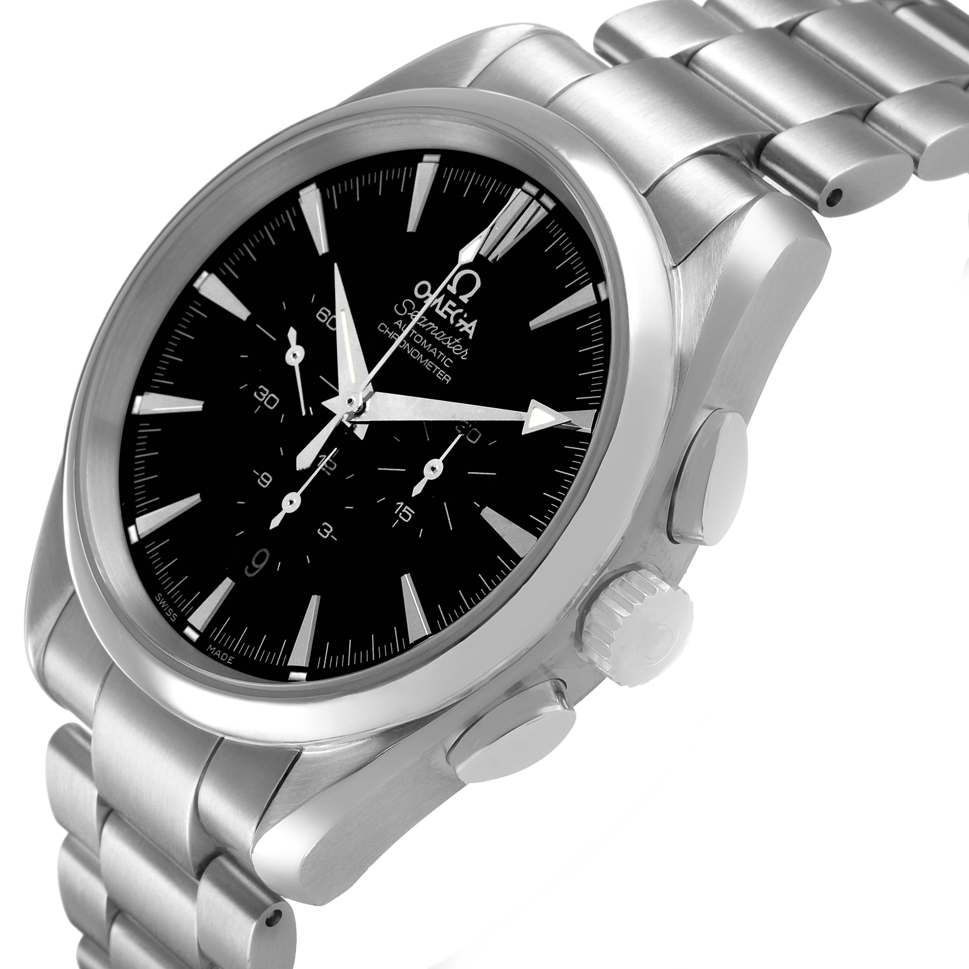 The Omega Aqua Terra 2512.50.00 Men's Stainless Steel Black Dial watch is shown at a slight angle, highlighting its face, bracelet, crown, and pushers.