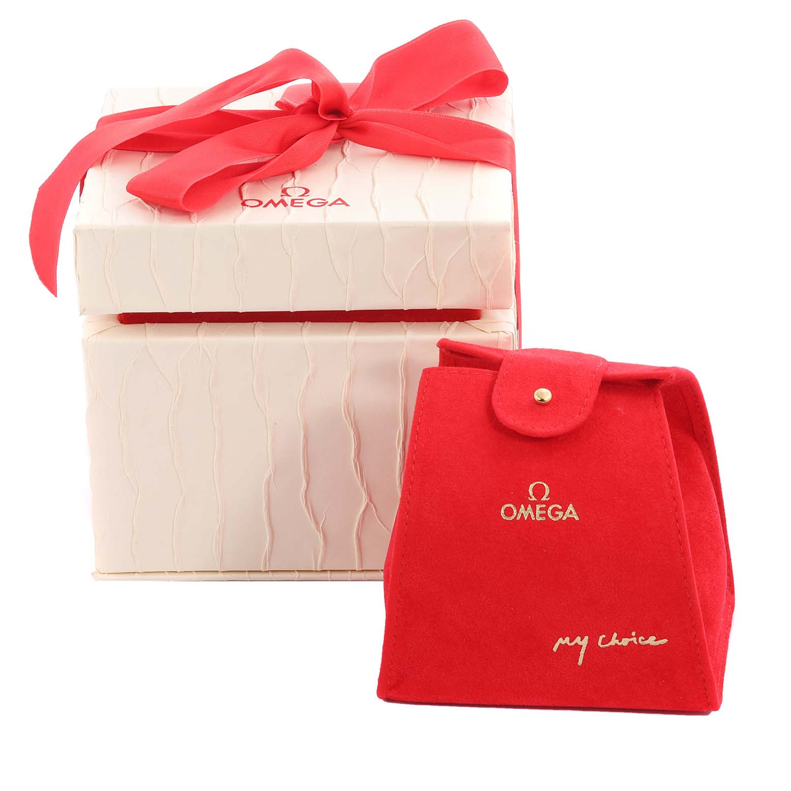 The image shows packaging for the Omega 123.25.24.60.55.002 Women's Steel and Gold (two tone) Mother of Pearl Dial 123.25.24.60.55.002 Women's Steel and Gold (two tone) Mother of Pearl Dial Constellation Steel Rose Gold Diamond Watch, including a white box with a red ribbon and a red pouch.