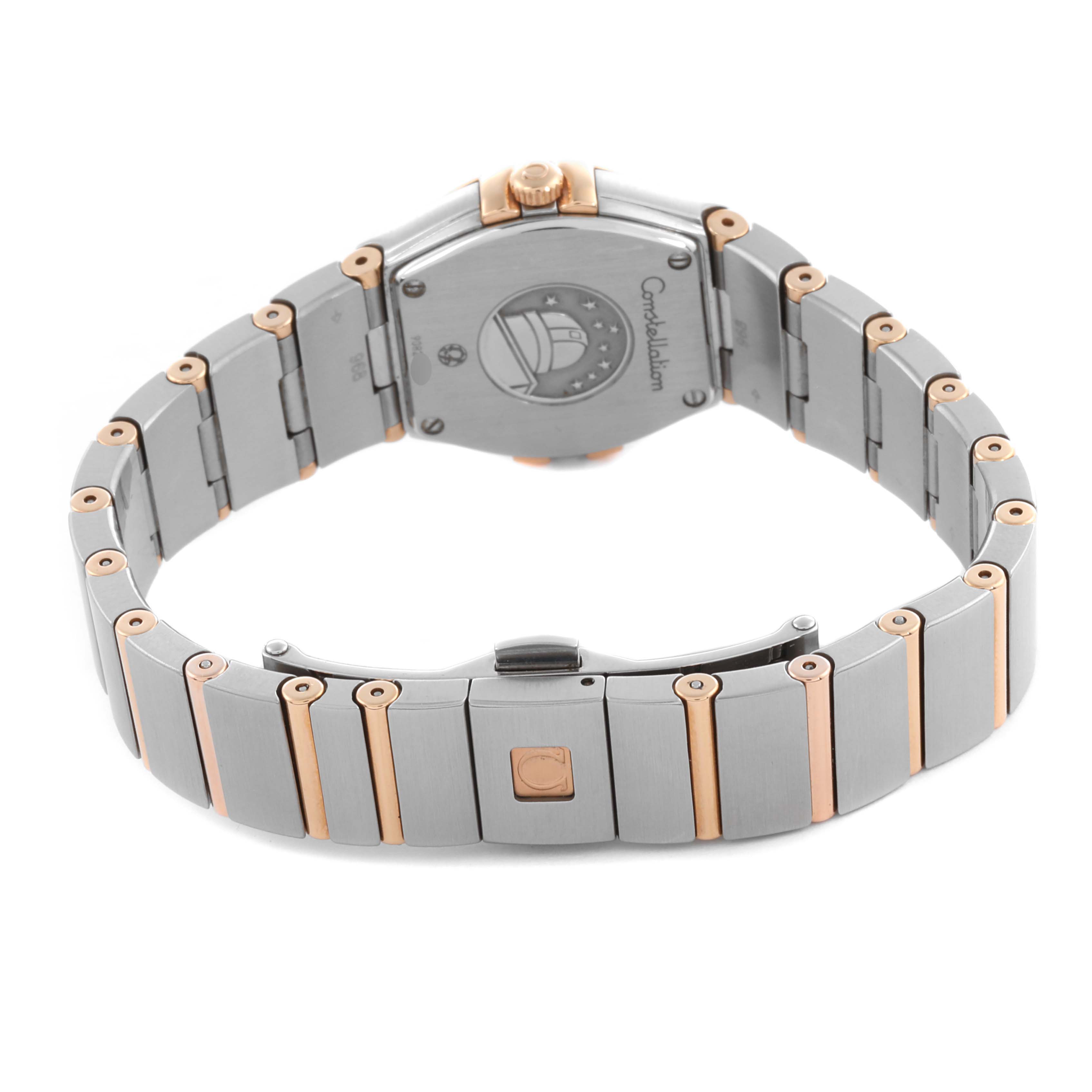 The image shows the Omega 123.25.24.60.55.002 Women's Steel and Gold (two tone) Mother of Pearl Dial 123.25.24.60.55.002 Women's Steel and Gold (two tone) Mother of Pearl Dial Constellation Steel Rose Gold Diamond Watch model 123.25.24.60.55.002 from the back, highlighting the bracelet and clasp.