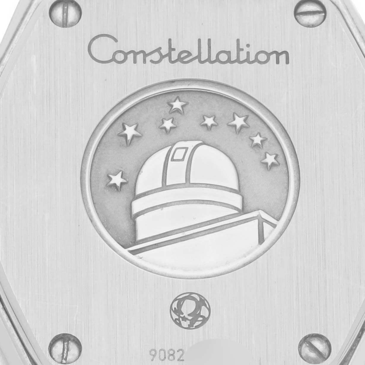 The image shows the back of the Omega 123.25.24.60.55.002 Women's Steel and Gold (two tone) Mother of Pearl Dial 123.25.24.60.55.002 Women's Steel and Gold (two tone) Mother of Pearl Dial Constellation Steel Rose Gold Diamond Watch, featuring an engraved observatory and stars.