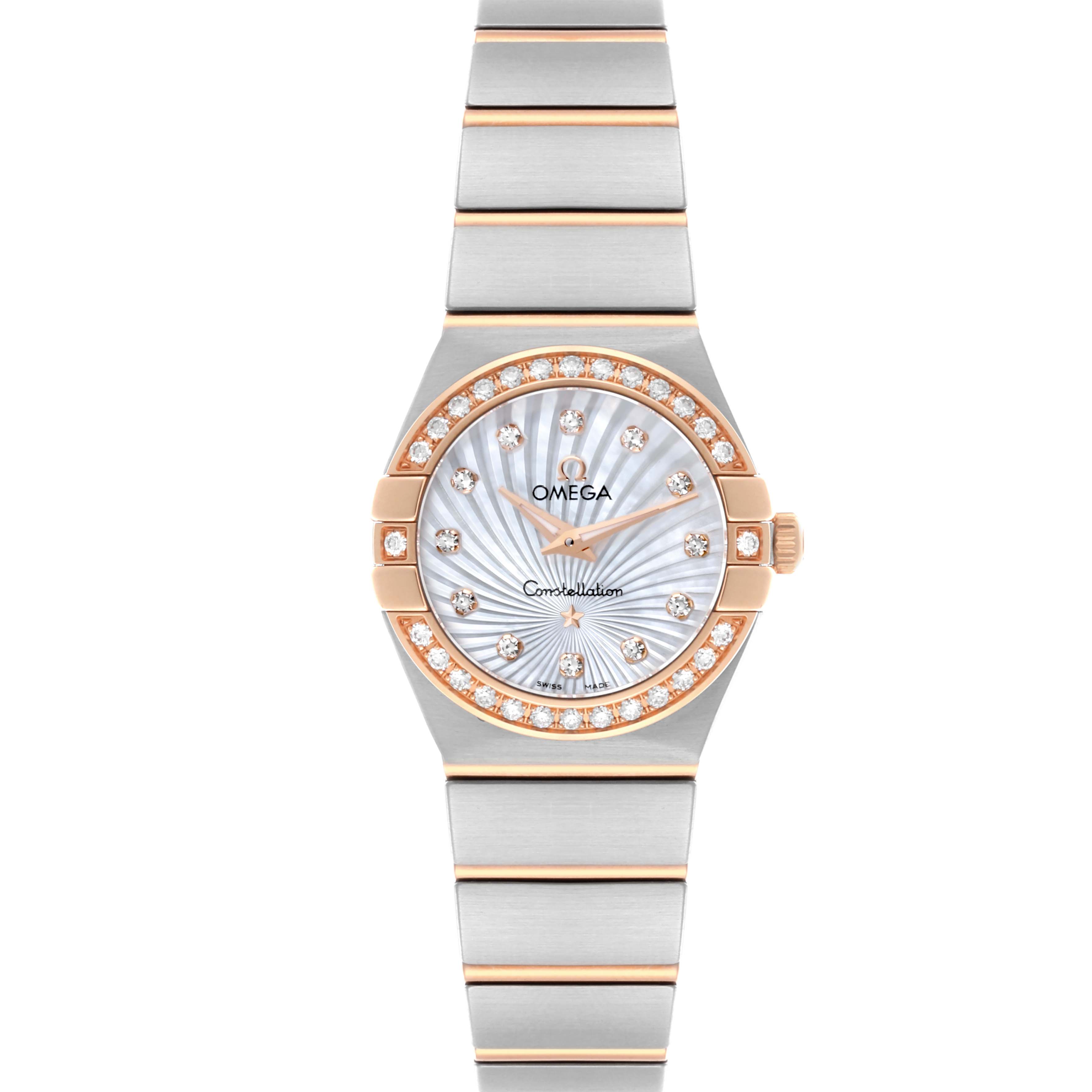 The Omega 123.25.24.60.55.002 Women's Steel and Gold (two tone) Mother of Pearl Dial 123.25.24.60.55.002 Women's Steel and Gold (two tone) Mother of Pearl Dial Constellation Steel Rose Gold Diamond Watch is shown from the front, highlighting its dial, diamond bezel, and bracelet.