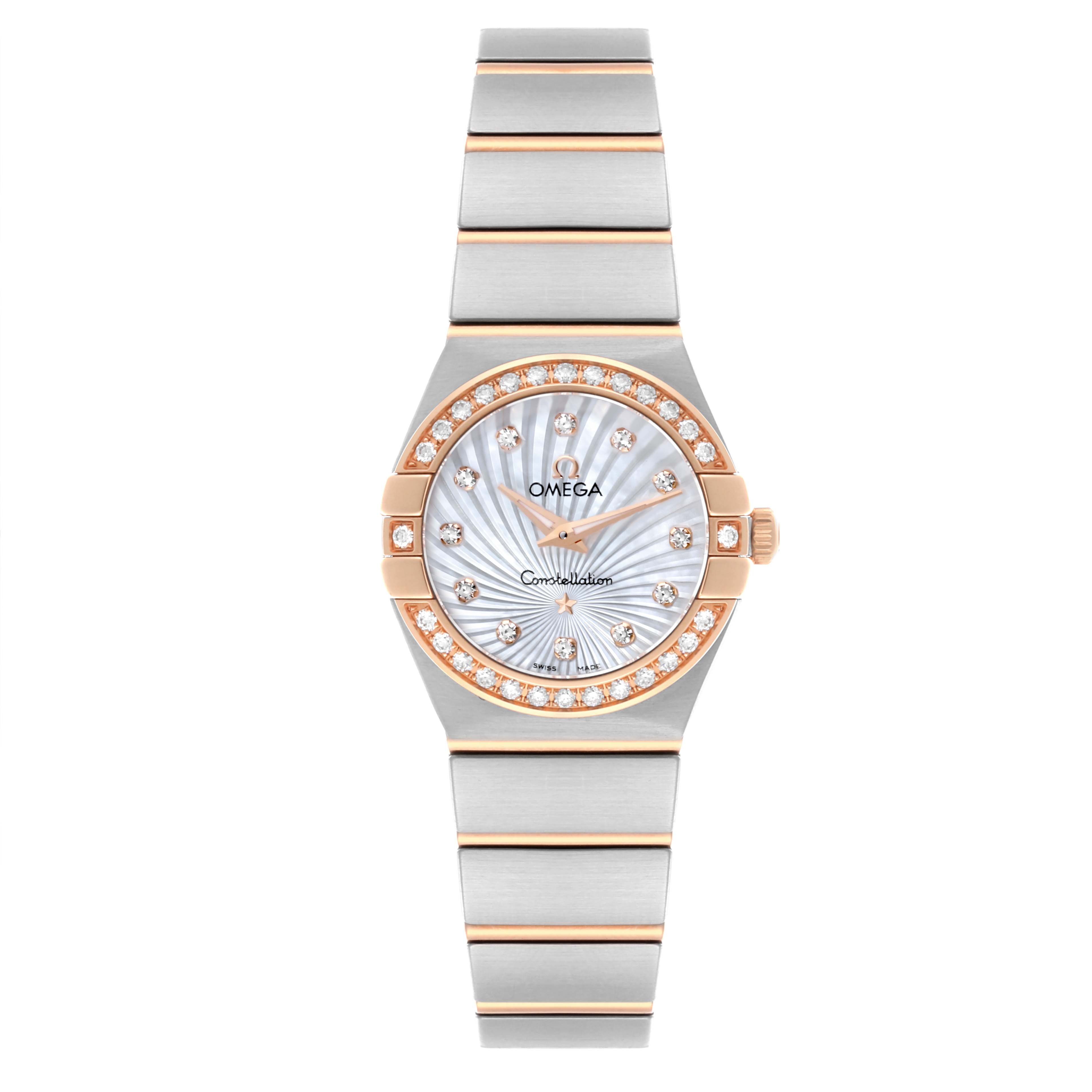 The Omega 123.25.24.60.55.002 Women's Steel and Gold (two tone) Mother of Pearl Dial 123.25.24.60.55.002 Women's Steel and Gold (two tone) Mother of Pearl Dial Constellation Steel Rose Gold Diamond Watch is shown from the front, highlighting its face, bezel, and bracelet.