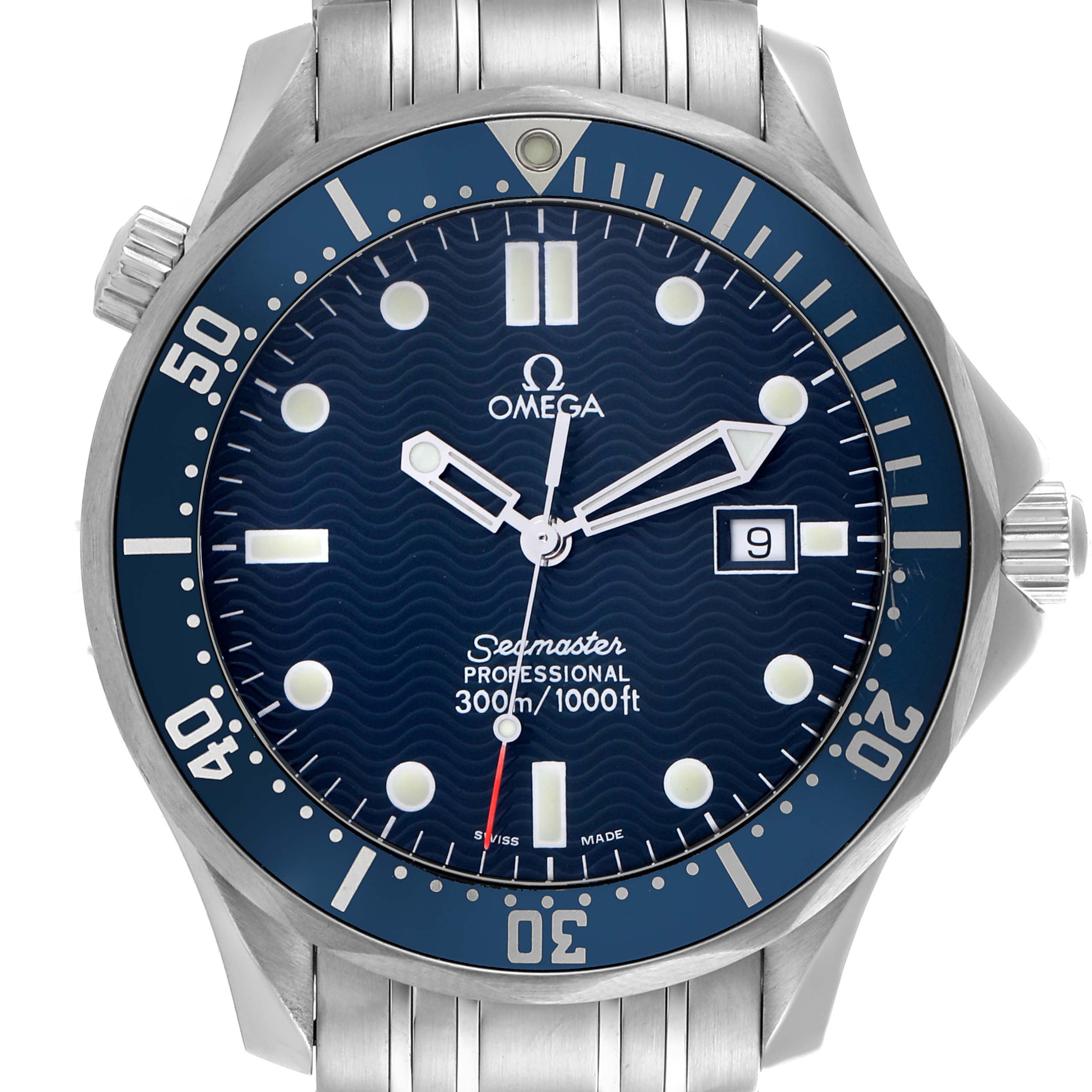 The image shows a front view of the Omega Seamaster 2541.80.00 Men
s Stainless Steel Blue Dial 2541.80.00 Men
s Stainless Steel Blue Dial watch, highlighting the dial, bezel, and part of the bracelet.