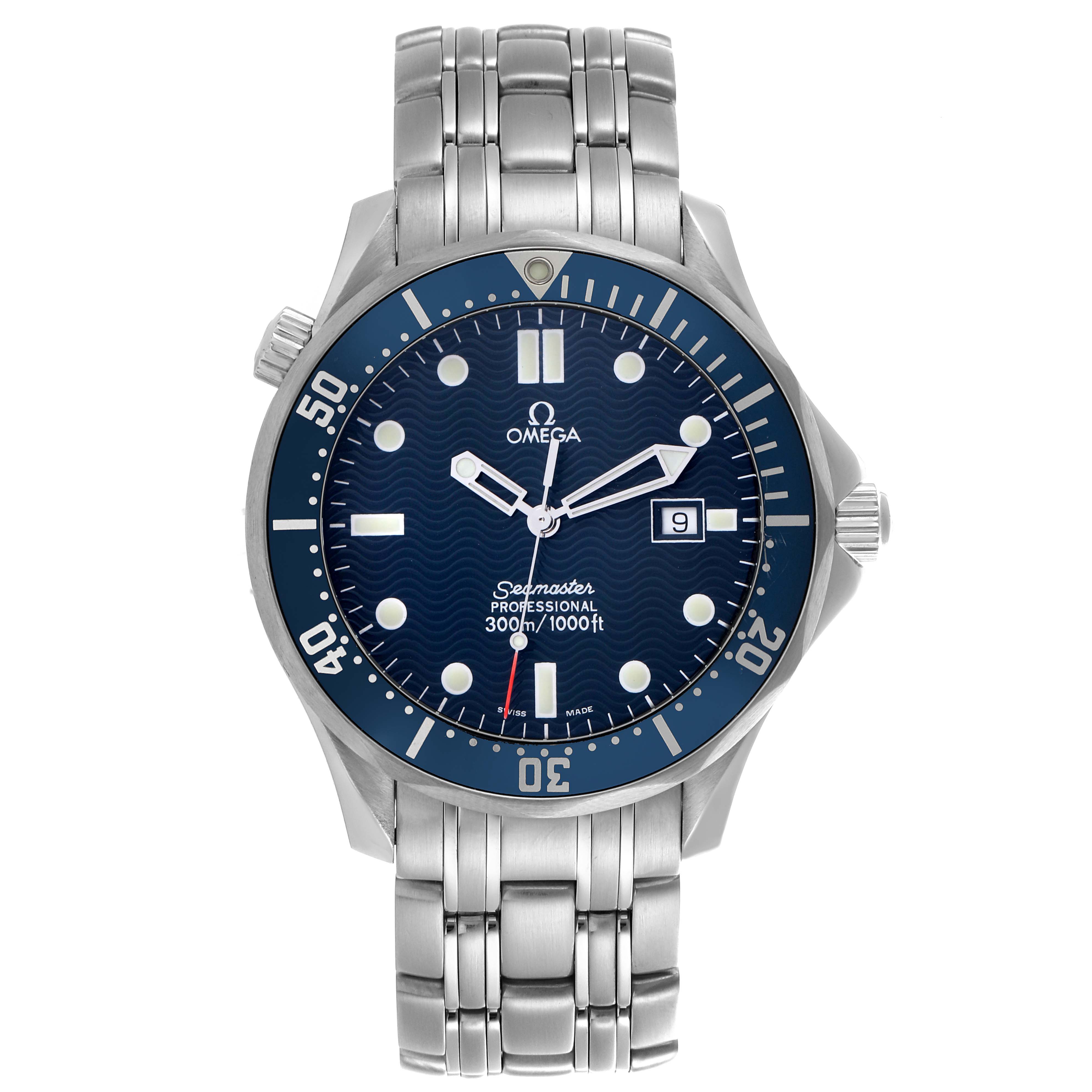 The image shows a front view of the Omega Seamaster 2541.80.00 Men
s Stainless Steel Blue Dial 2541.80.00 Men
s Stainless Steel Blue Dial watch, featuring the dial, bezel, and bracelet in detail.