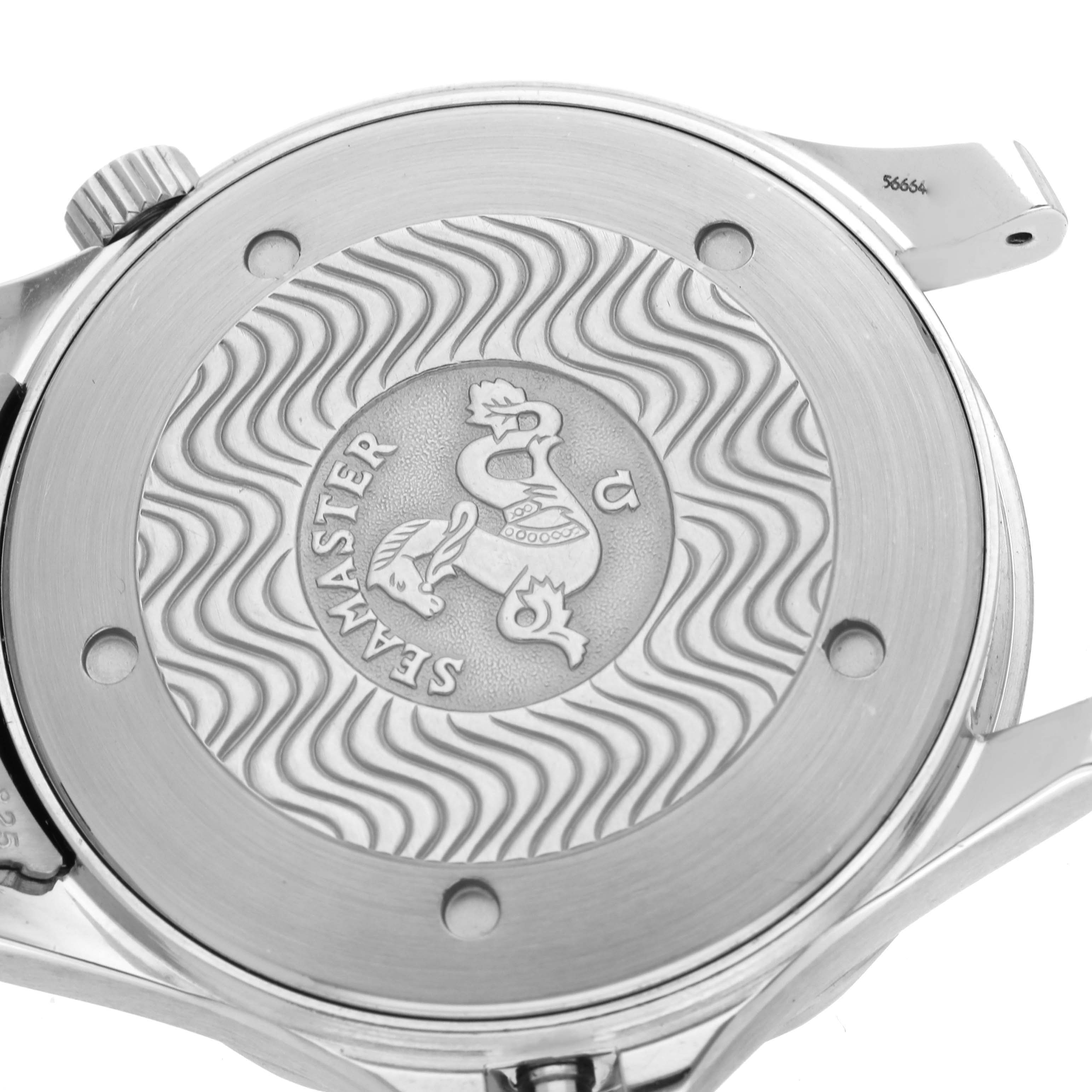 The image shows the case back of an Omega Seamaster 2541.80.00 Men
s Stainless Steel Blue Dial 2541.80.00 Men
s Stainless Steel Blue Dial watch from a close-up angle, highlighting the engraved logo and wave pattern.