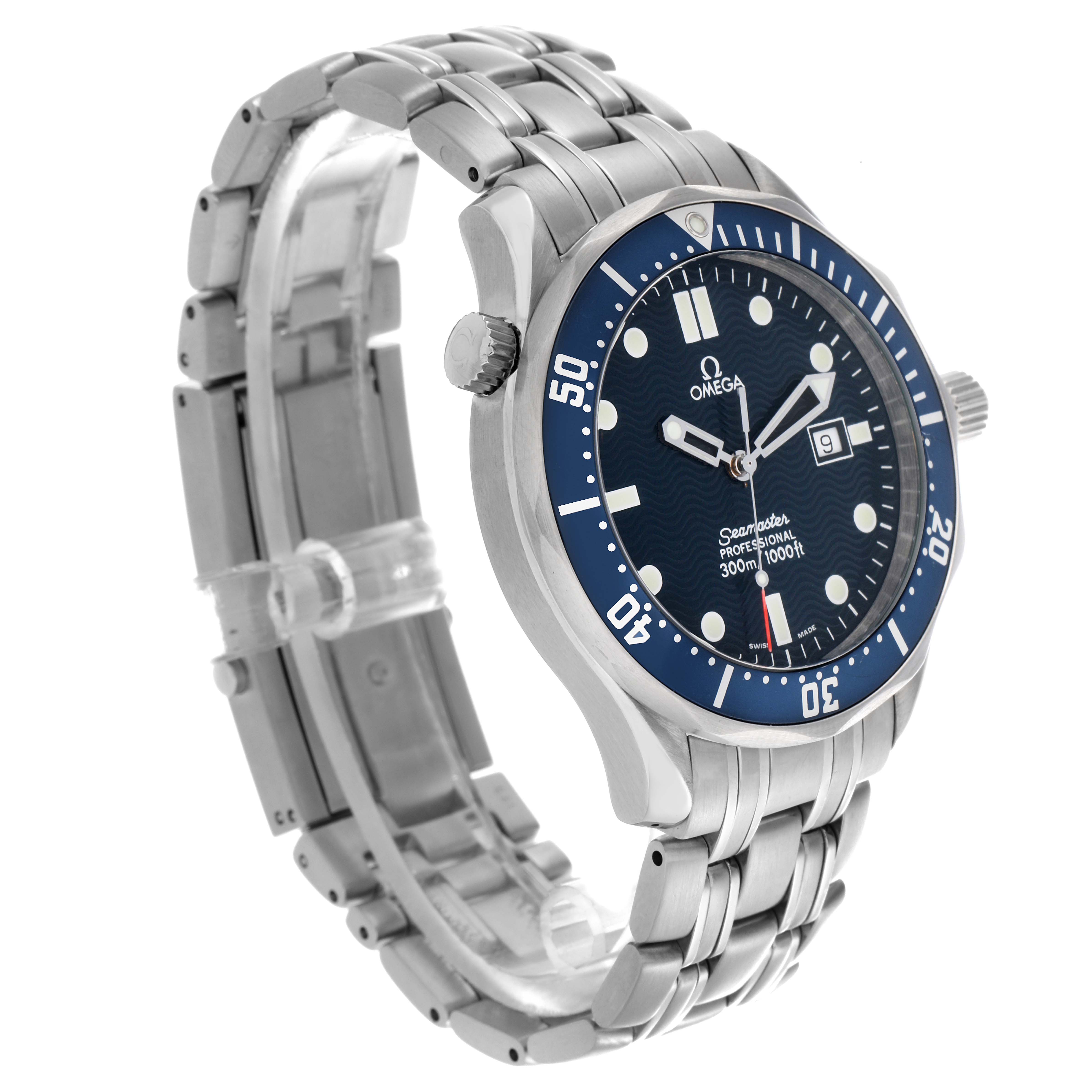 The Omega Seamaster 2541.80.00 Men
s Stainless Steel Blue Dial 2541.80.00 Men
s Stainless Steel Blue Dial is shown at a three-quarter angle, highlighting the blue dial, stainless steel case, and bracelet.