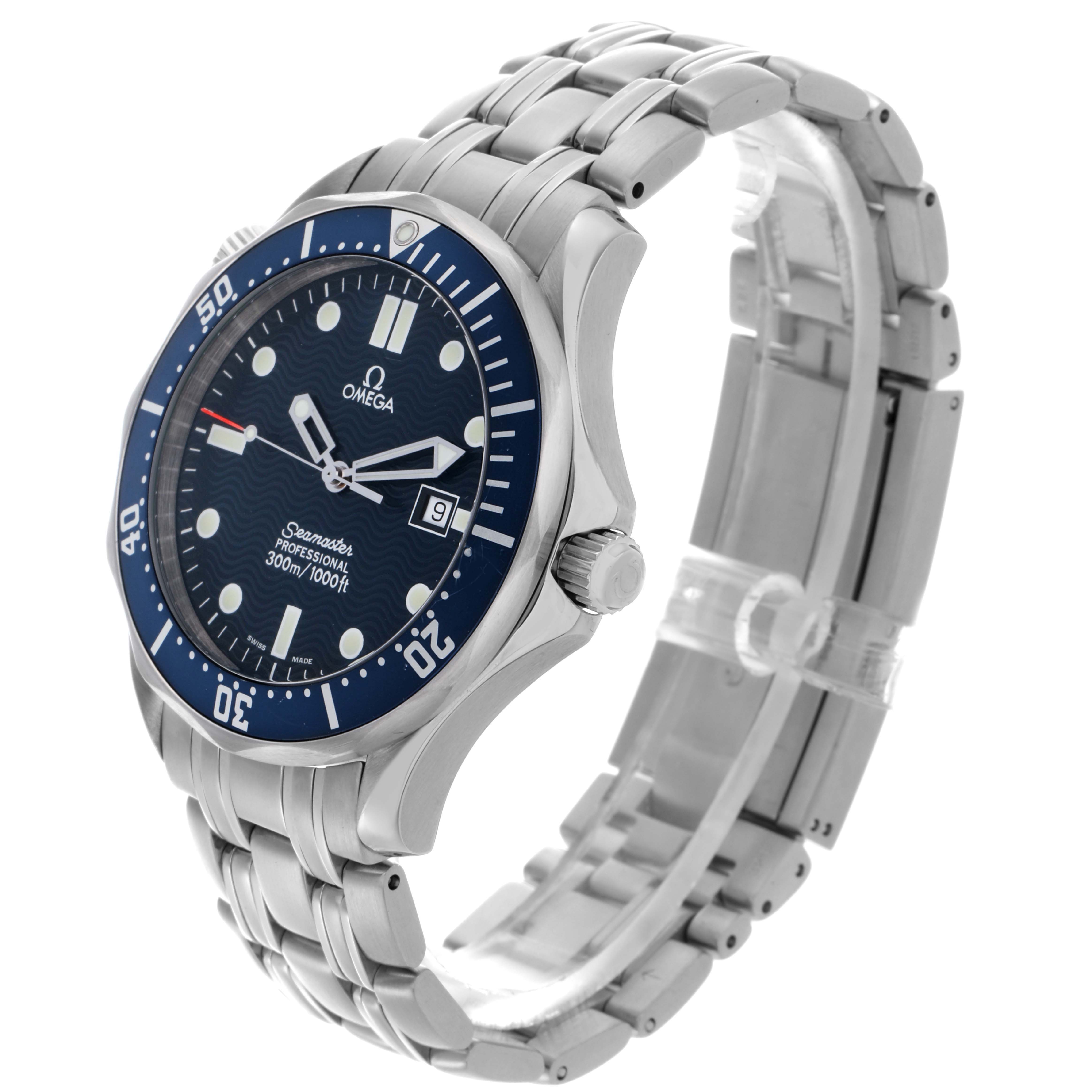 The Omega Seamaster 2541.80.00 Men
s Stainless Steel Blue Dial 2541.80.00 Men
s Stainless Steel Blue Dial watch is shown at a three-quarter angle, displaying the face, bezel, case, crown, and bracelet.