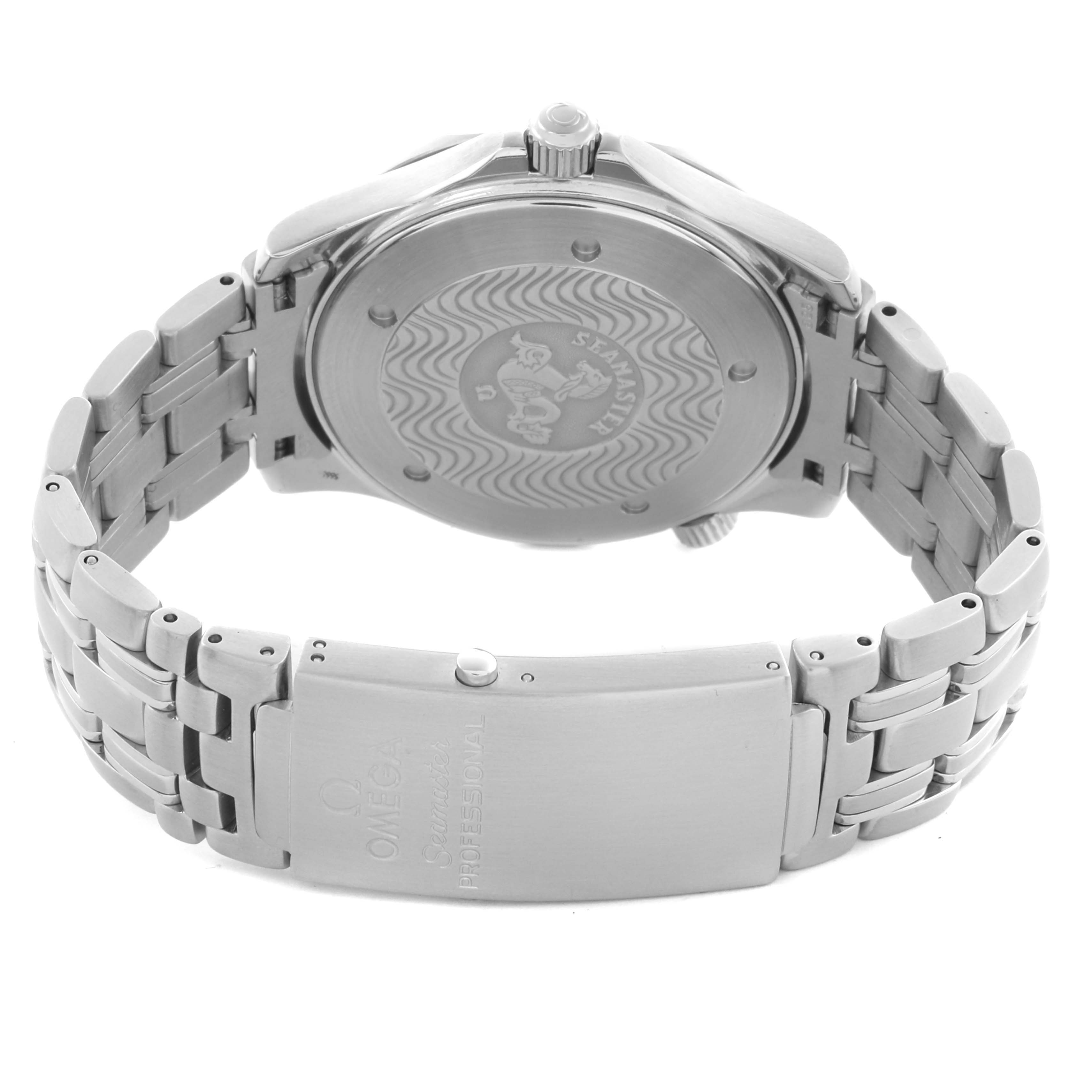 The Omega Seamaster 2541.80.00 Men
s Stainless Steel Blue Dial 2541.80.00 Men
s Stainless Steel Blue Dial watch is shown from the back, highlighting the case back and stainless steel bracelet clasp.