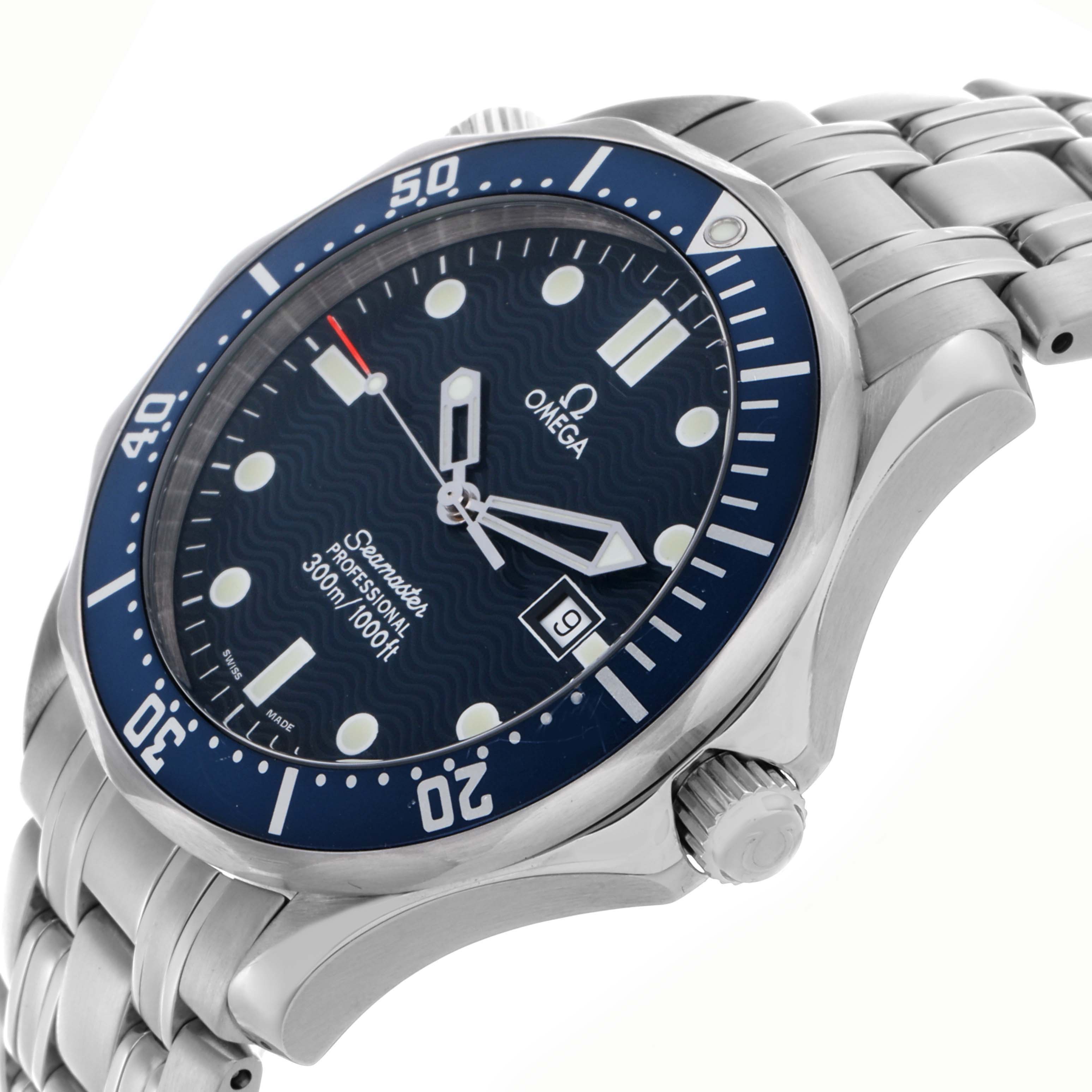 The Omega Seamaster 2541.80.00 Men
s Stainless Steel Blue Dial 2541.80.00 Men
s Stainless Steel Blue Dial watch is shown at an angled view, highlighting the blue bezel, face, bracelet, and crown.