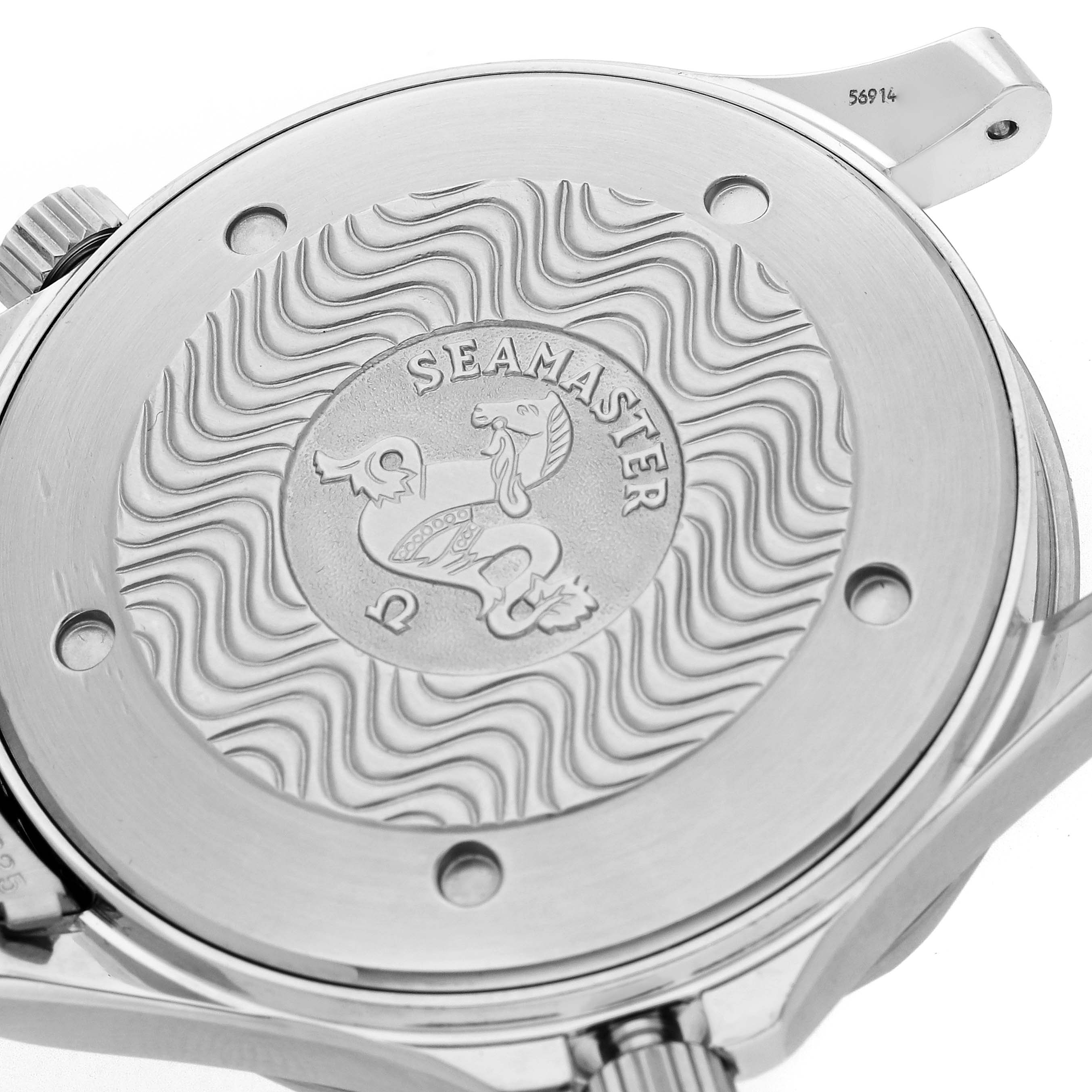 The image shows the case back of an Omega Seamaster 2541.80.00 Men
s Stainless Steel Blue Dial 2541.80.00 Men
s Stainless Steel Blue Dial watch, featuring the embossed logo and wave pattern.