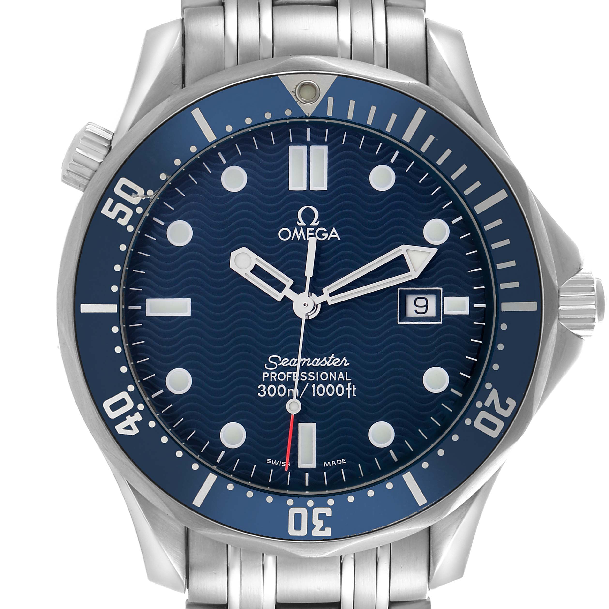 The Omega Seamaster 2541.80.00 Men
s Stainless Steel Blue Dial 2541.80.00 Men
s Stainless Steel Blue Dial watch is shown from a front view, highlighting the dial, bezel, and bracelet.