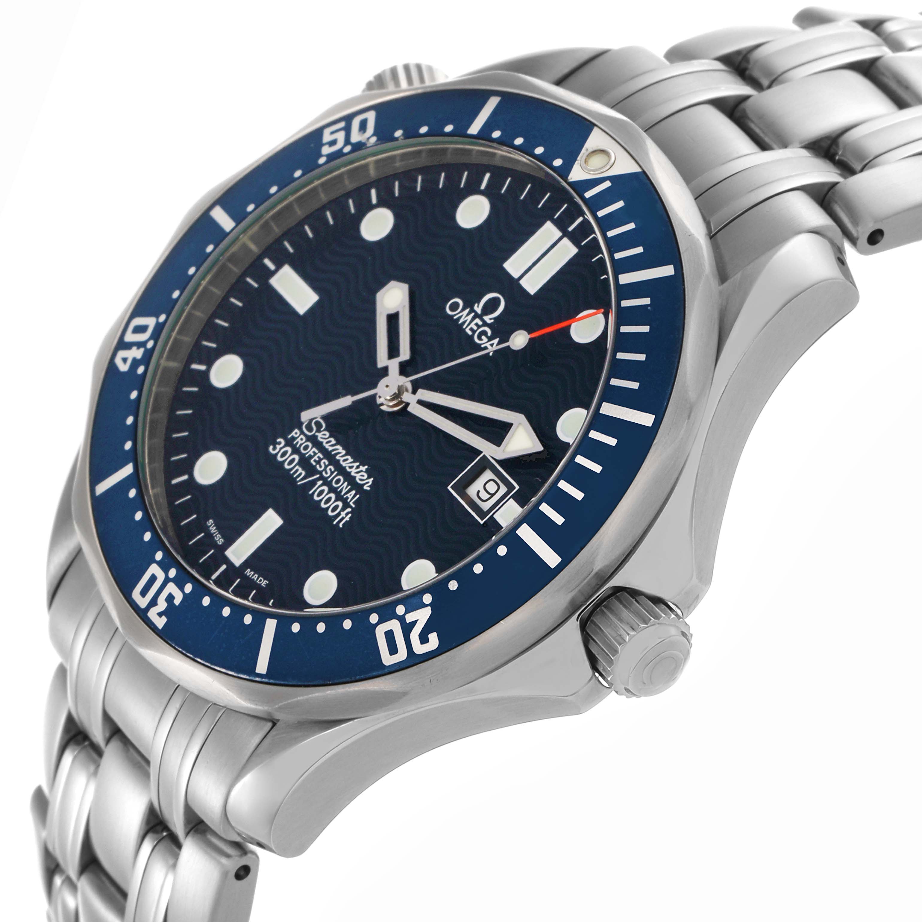 The Omega Seamaster 2541.80.00 Men
s Stainless Steel Blue Dial 2541.80.00 Men
s Stainless Steel Blue Dial watch is shown at a three-quarter angle, highlighting the face, bezel, crown, and bracelet.