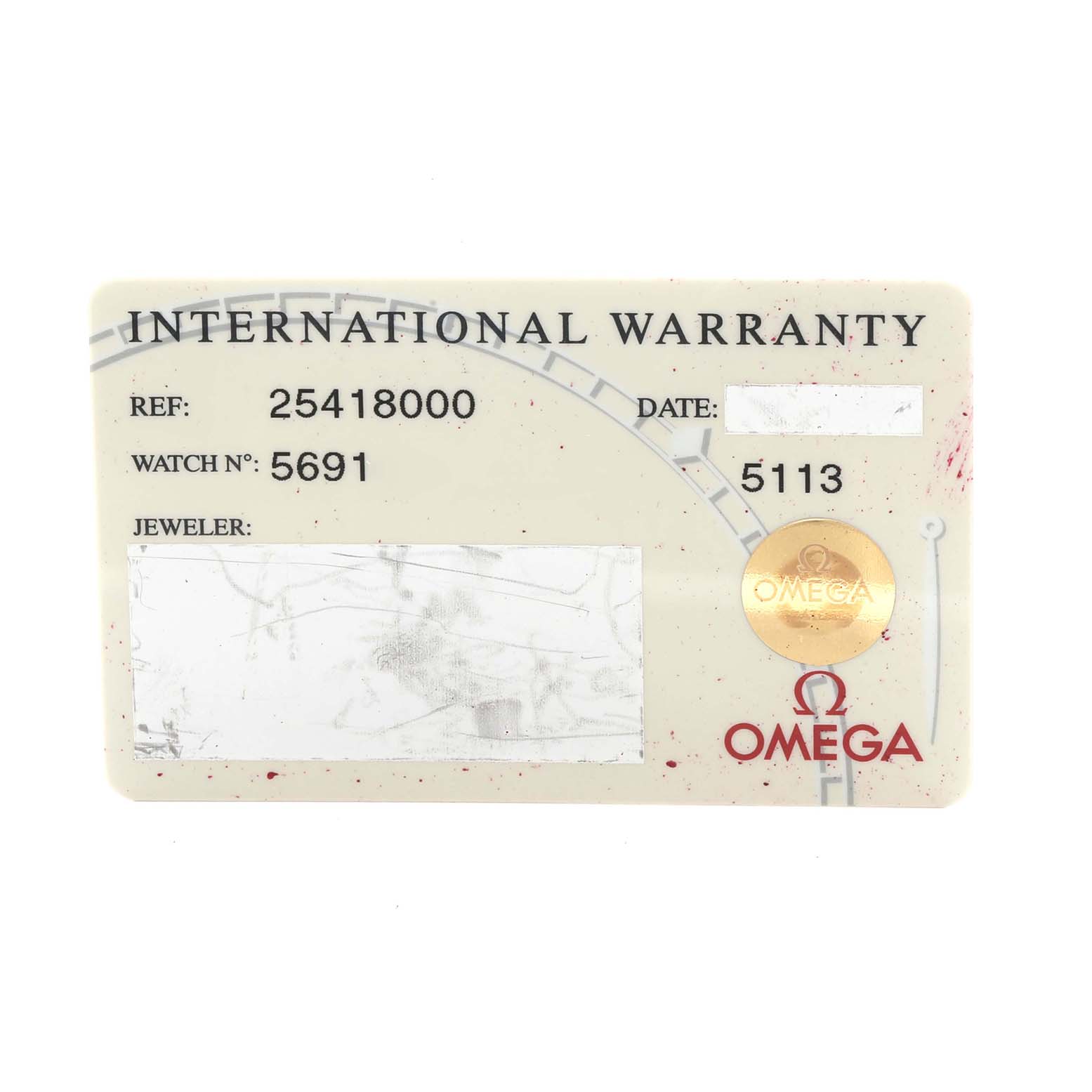 The image shows the International Warranty card for an Omega Seamaster 2541.80.00 Men
s Stainless Steel Blue Dial 2541.80.00 Men
s Stainless Steel Blue Dial watch, including reference and watch numbers.