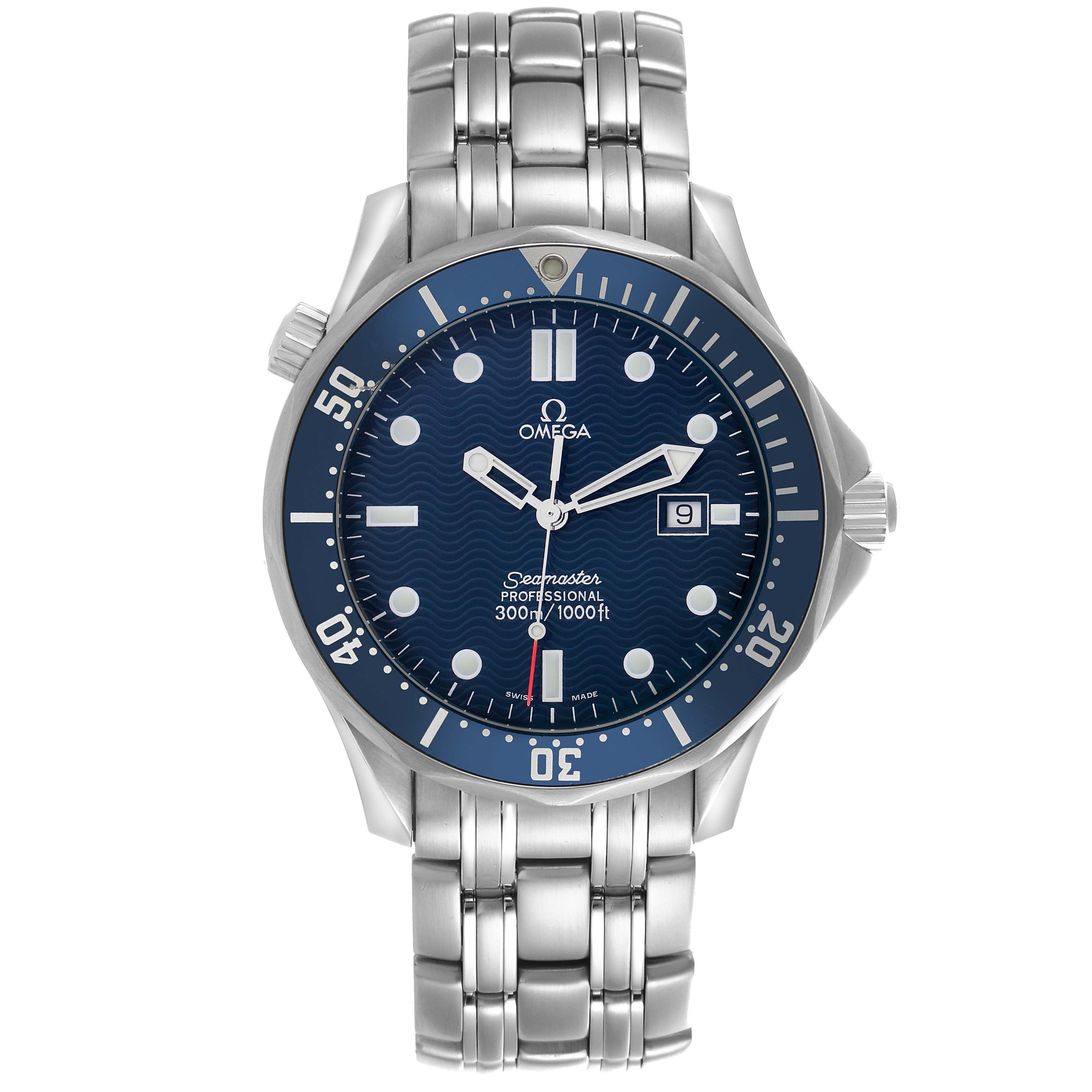 The Omega Seamaster 2541.80.00 Men
s Stainless Steel Blue Dial 2541.80.00 Men
s Stainless Steel Blue Dial watch is shown from the front, displaying its dial, bezel, and bracelet distinctly.