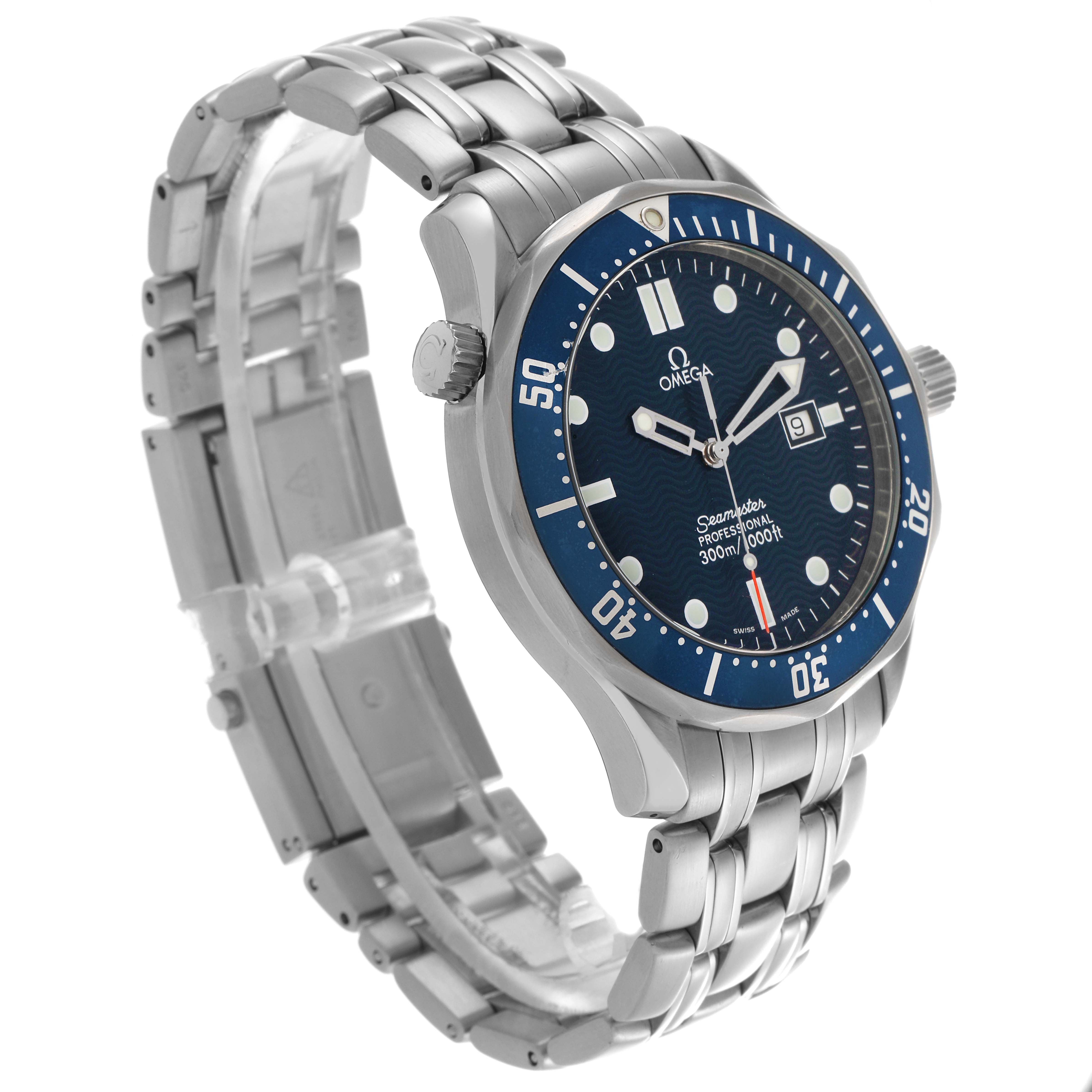 The Omega Seamaster 2541.80.00 Men
s Stainless Steel Blue Dial 2541.80.00 Men
s Stainless Steel Blue Dial watch is shown at a three-quarter angle, highlighting the bracelet, bezel, and dial.