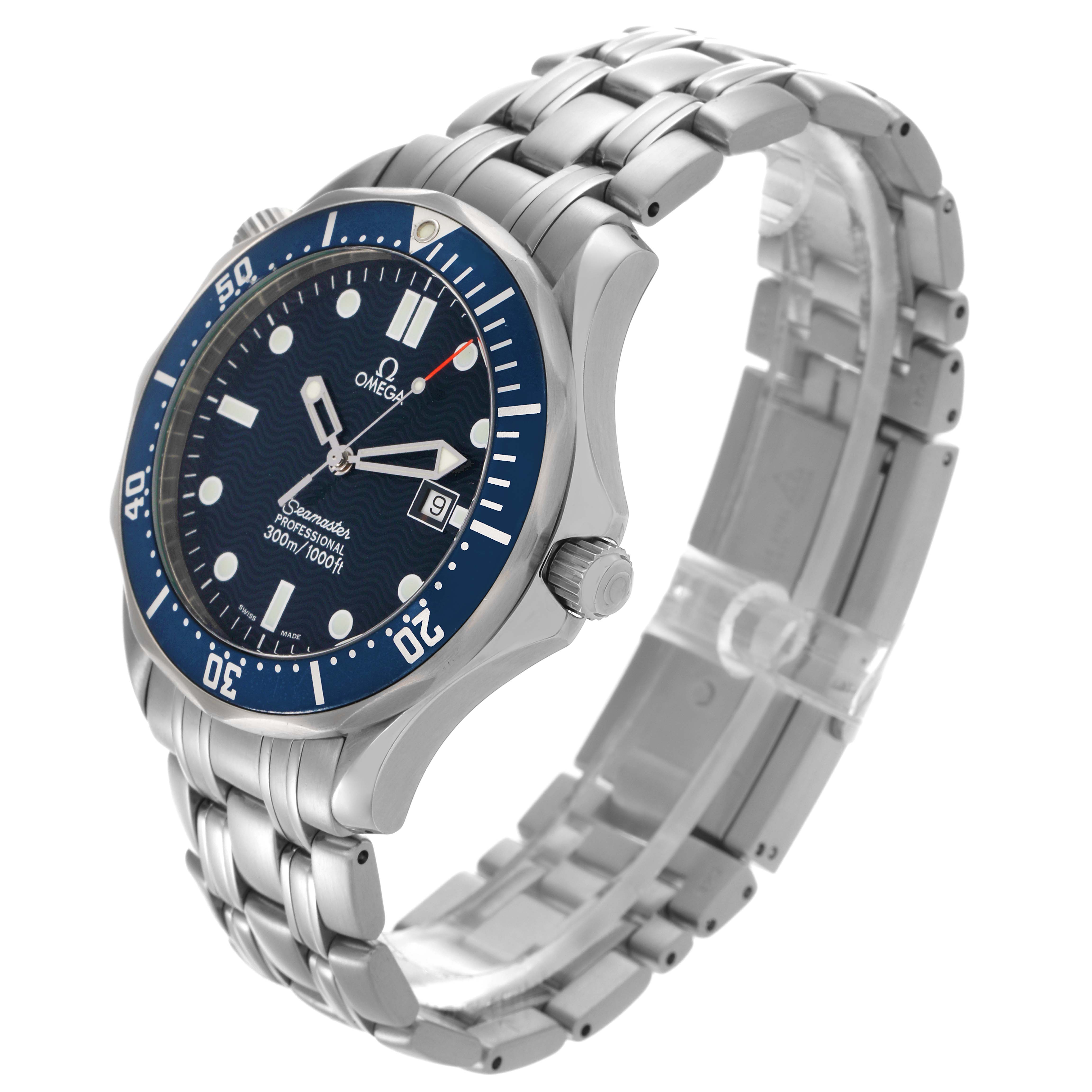The Omega Seamaster 2541.80.00 Men
s Stainless Steel Blue Dial 2541.80.00 Men
s Stainless Steel Blue Dial watch is displayed at a slight angle, showing the face, bezel, crown, and stainless steel bracelet.