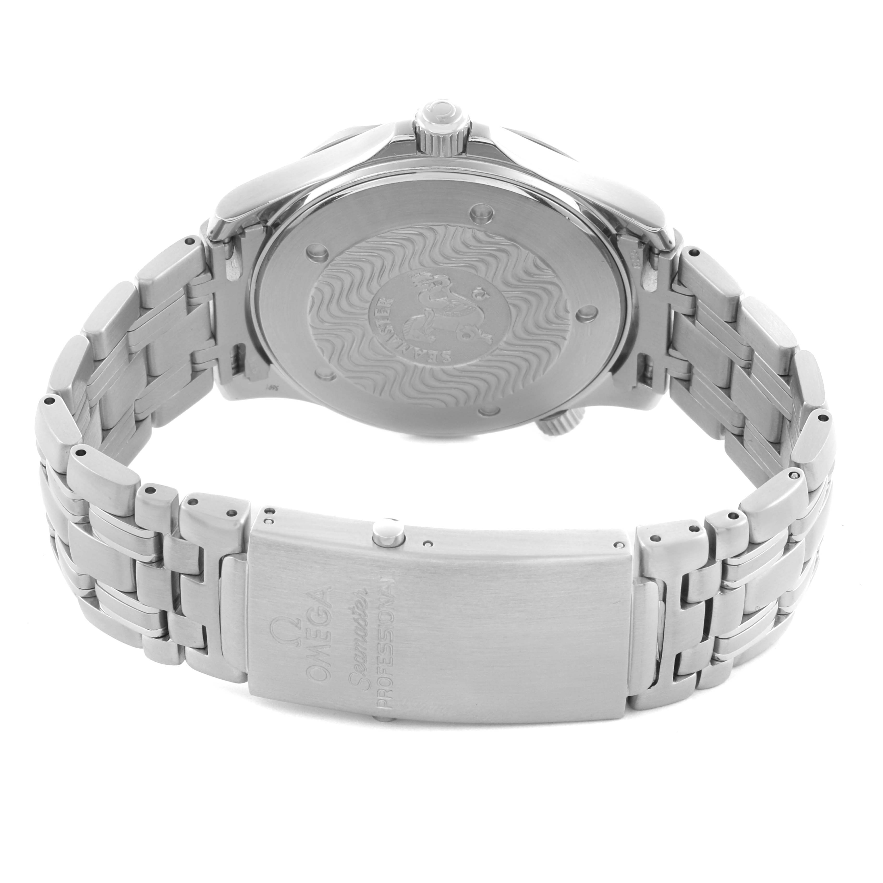 The Omega Seamaster 2541.80.00 Men
s Stainless Steel Blue Dial 2541.80.00 Men
s Stainless Steel Blue Dial watch is shown from the back, highlighting its case back and metal bracelet with clasp.