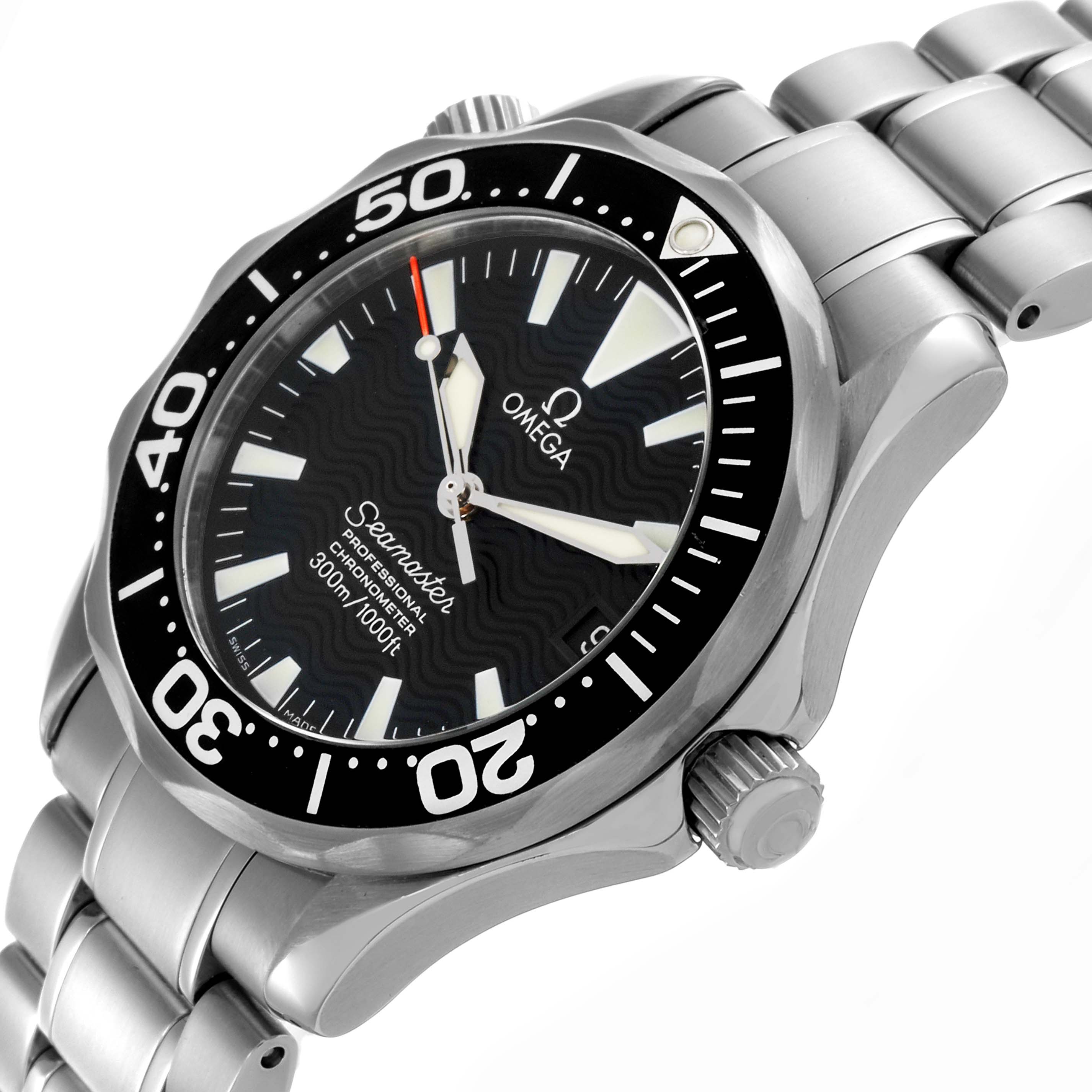 The Omega Seamaster 2252.50.00 Men
s Stainless Steel Black Dial 2252.50.00 Men
s Stainless Steel Black Dial watch is shown from a slight side angle, highlighting the face, bezel, crown, and bracelet links.