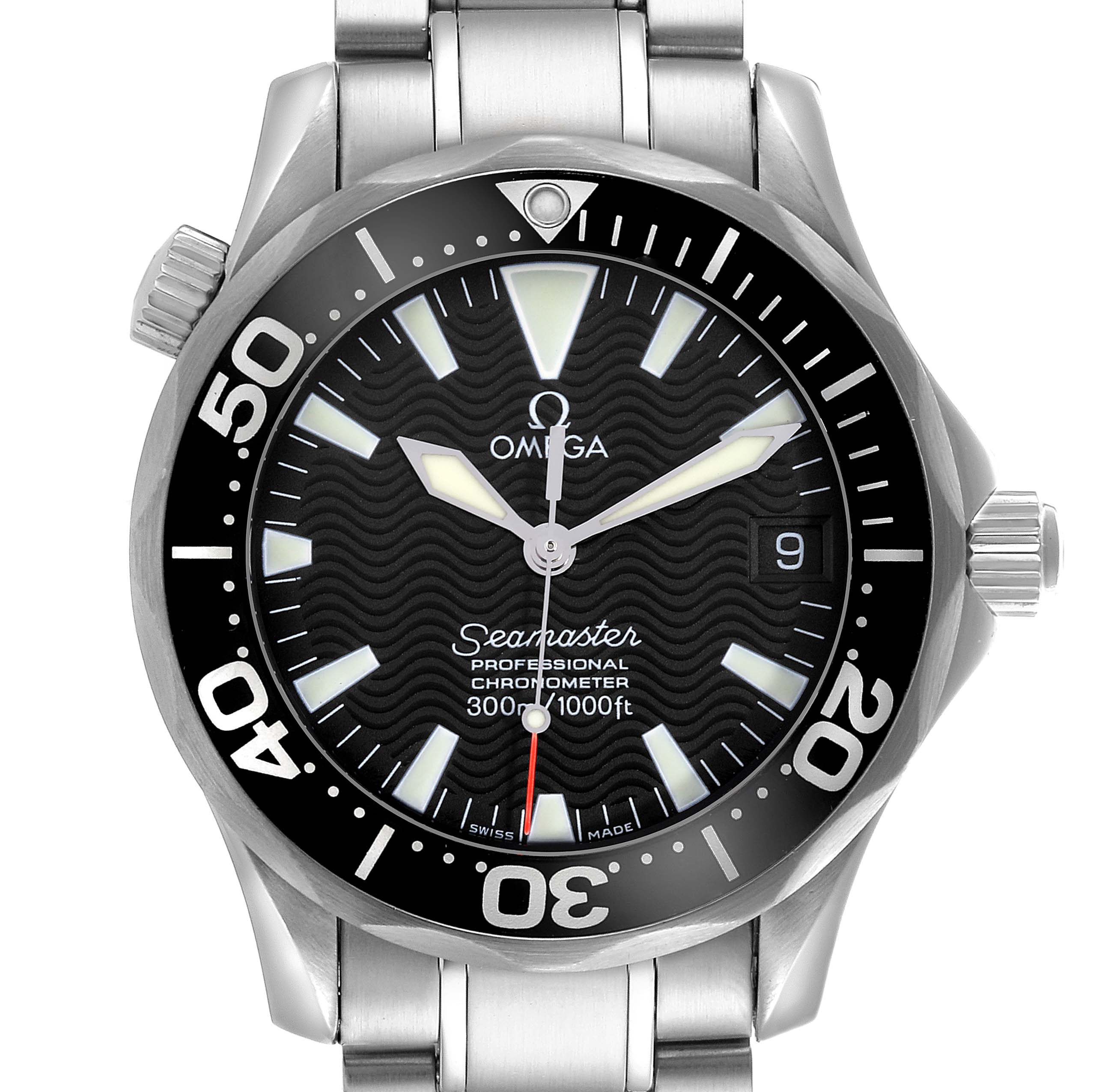 The Omega Seamaster 2252.50.00 Men
s Stainless Steel Black Dial 2252.50.00 Men
s Stainless Steel Black Dial watch is shown from the front, highlighting the dial, bezel, crown, and part of the stainless steel bracelet.