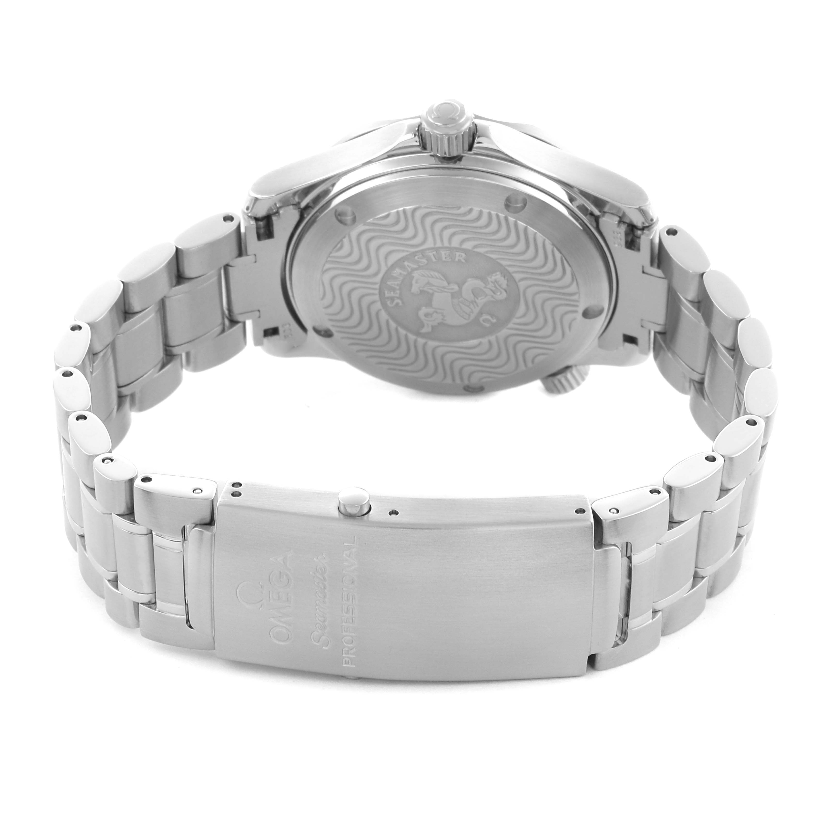 The Omega Seamaster 2252.50.00 Men
s Stainless Steel Black Dial 2252.50.00 Men
s Stainless Steel Black Dial watch is shown from the back, highlighting the case back, bracelet, and clasp.