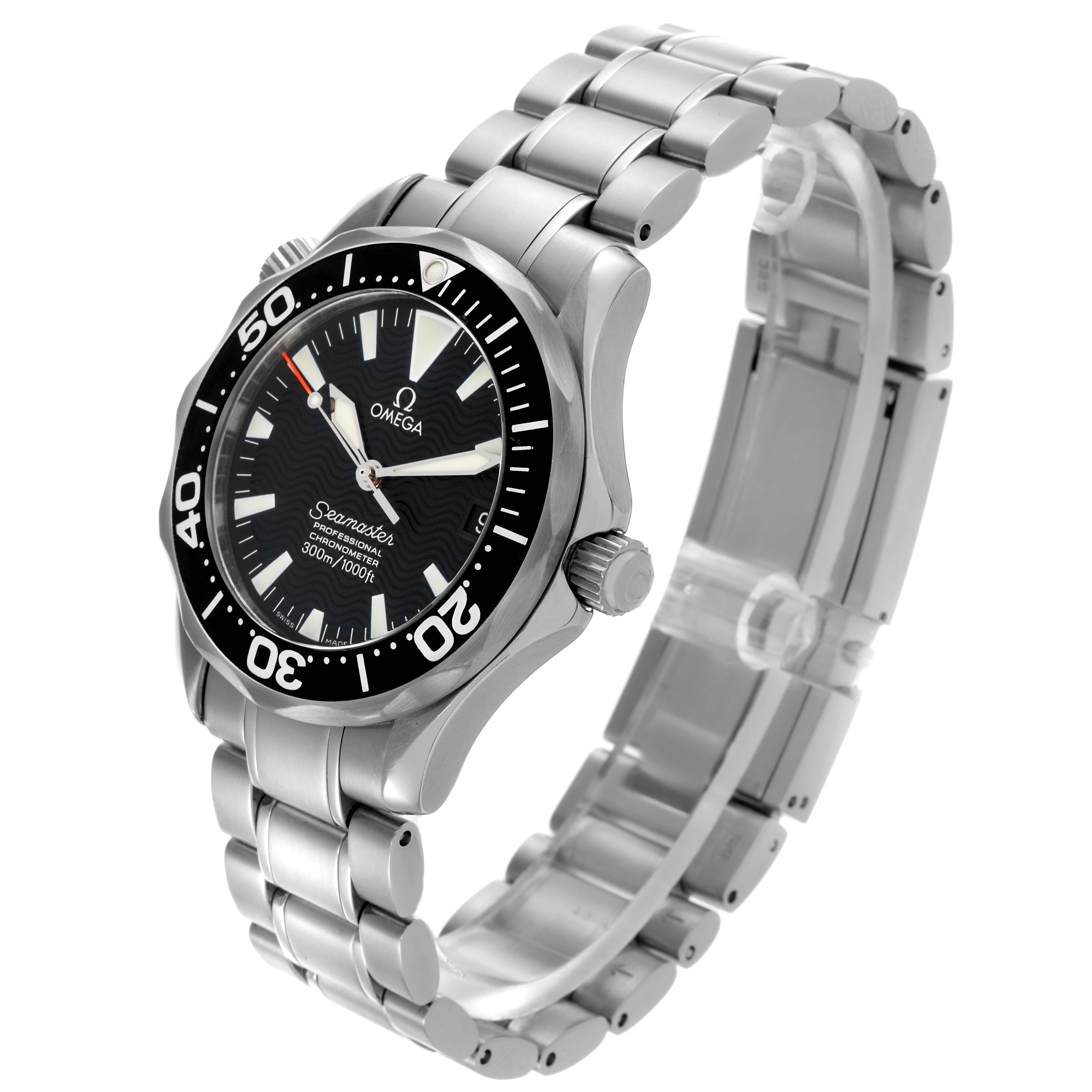 The Omega Seamaster 2252.50.00 Men
s Stainless Steel Black Dial 2252.50.00 Men
s Stainless Steel Black Dial watch is shown at an angled view, highlighting the face, bezel, lugs, and partial bracelet.