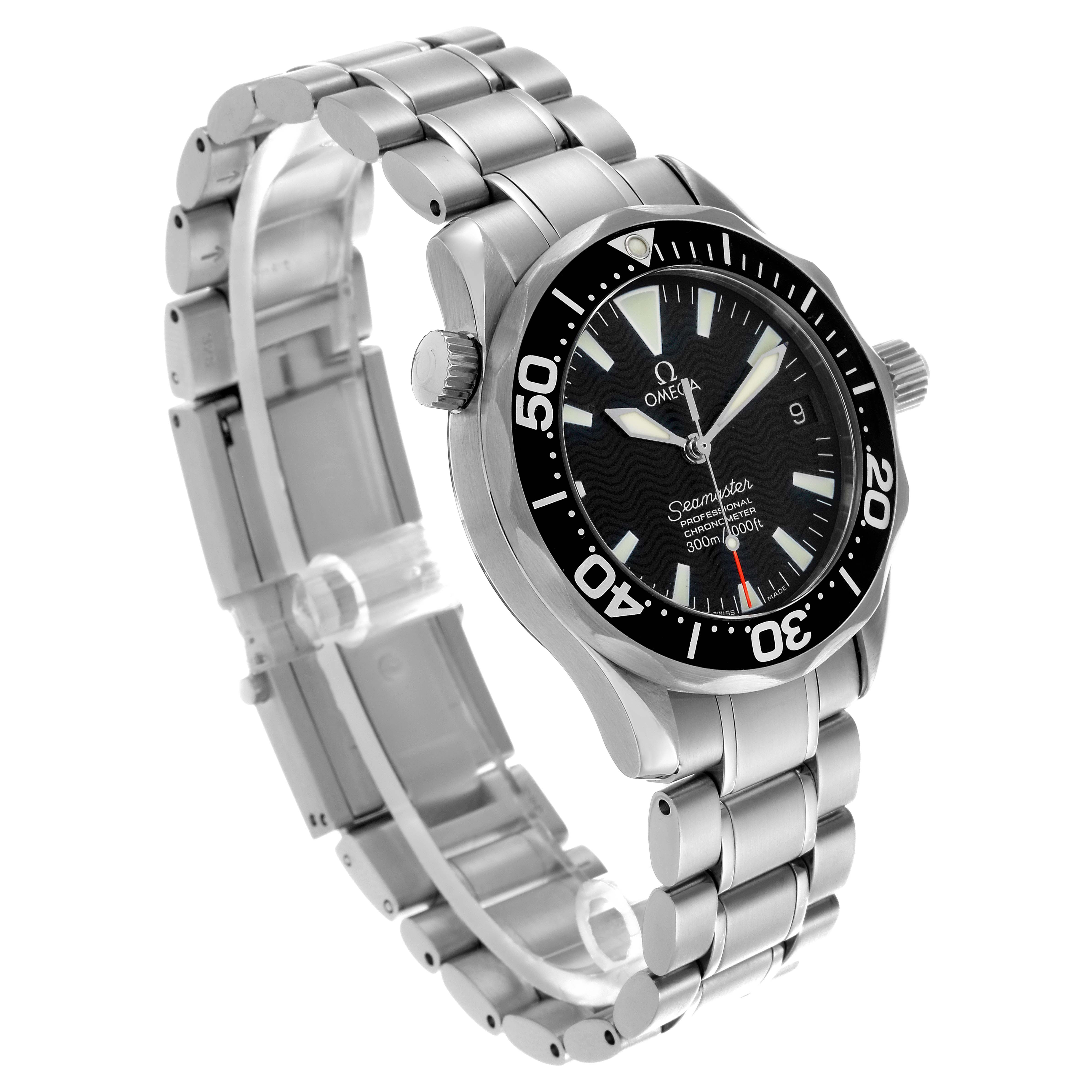 The Omega Seamaster 2252.50.00 Men
s Stainless Steel Black Dial 2252.50.00 Men
s Stainless Steel Black Dial watch is shown from a three-quarter angle, highlighting the face, bezel, crown, and bracelet.