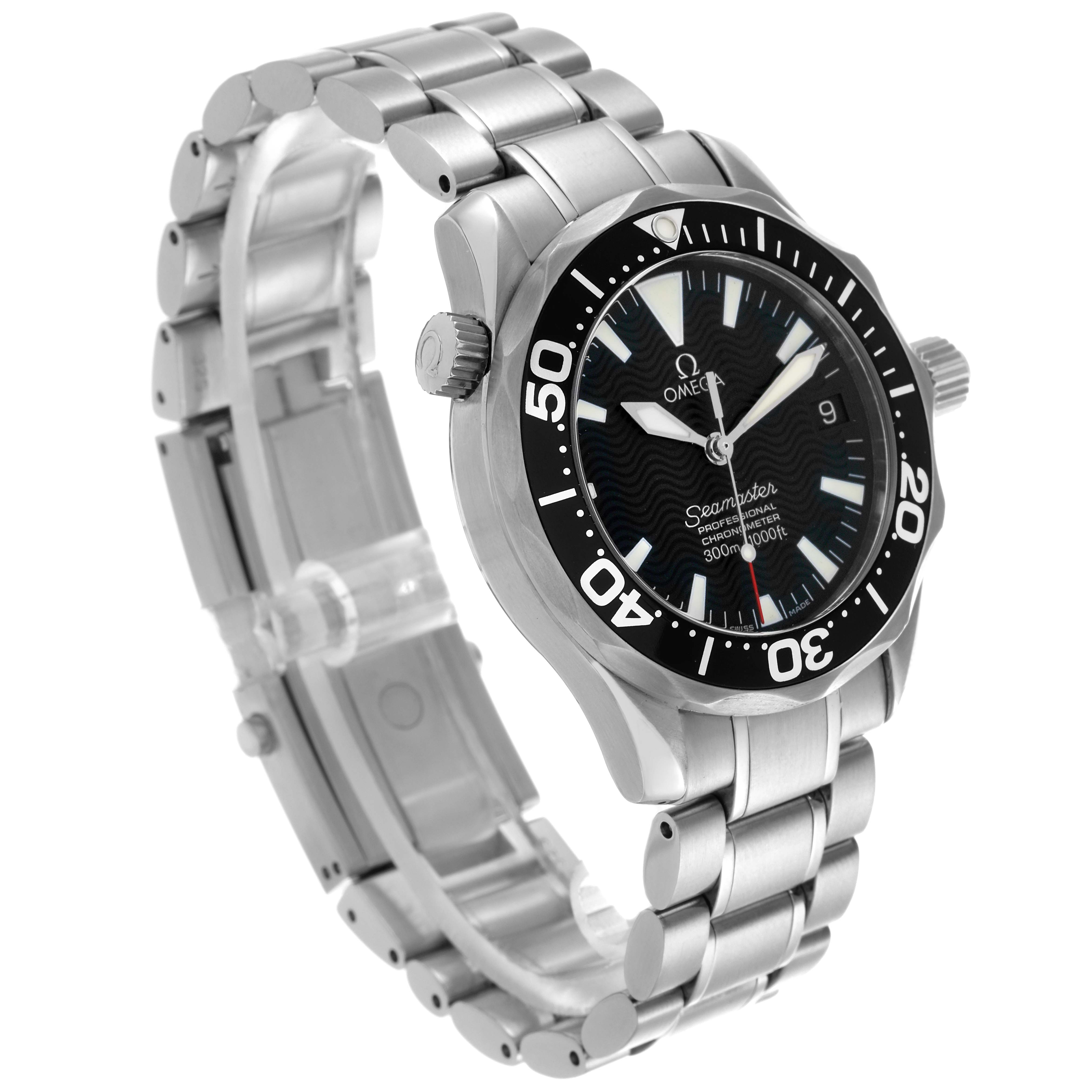 The Omega Seamaster 2252.50.00 Men
s Stainless Steel Black Dial 2252.50.00 Men
s Stainless Steel Black Dial watch is shown at an angled side view, displaying the face, bezel, crown, and metal bracelet.