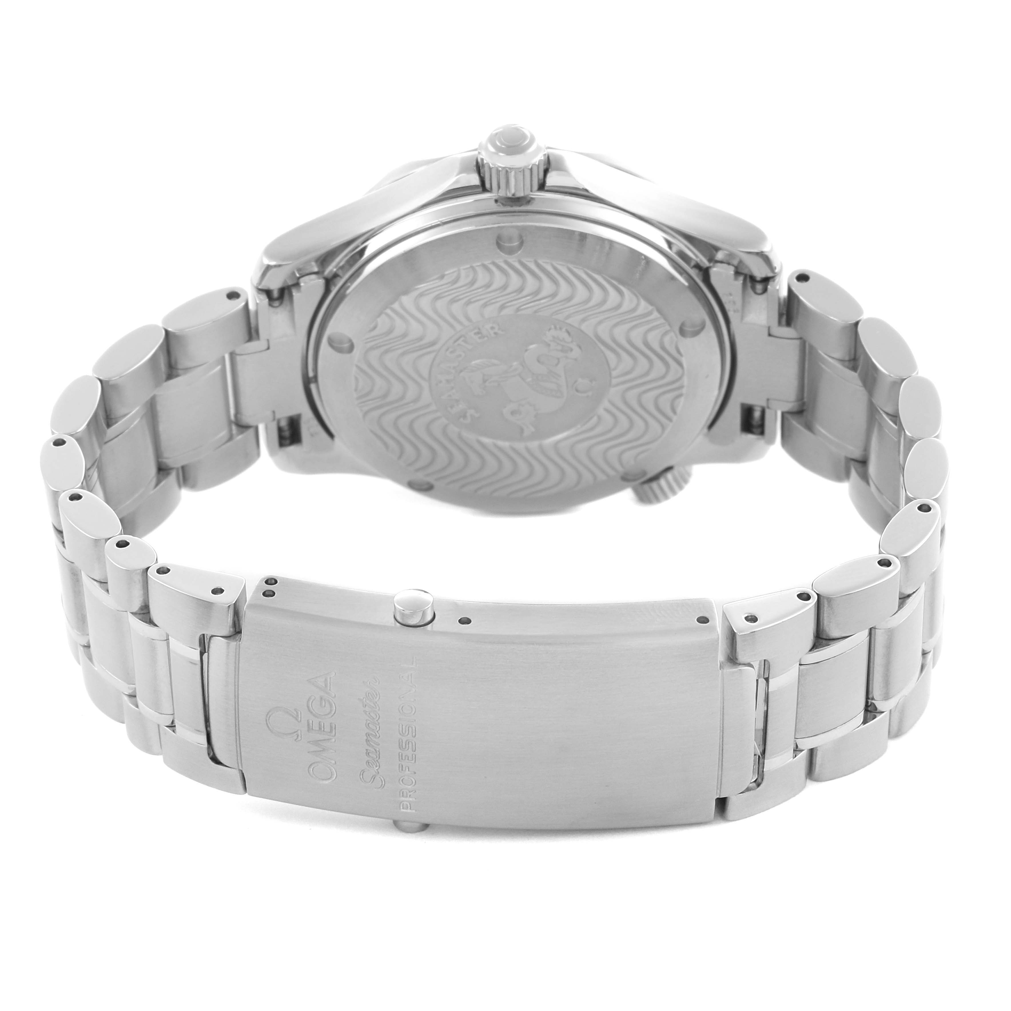 The image shows the back and bracelet clasp of an Omega Seamaster 2252.50.00 Men
s Stainless Steel Black Dial 2252.50.00 Men
s Stainless Steel Black Dial watch from a rear angle.