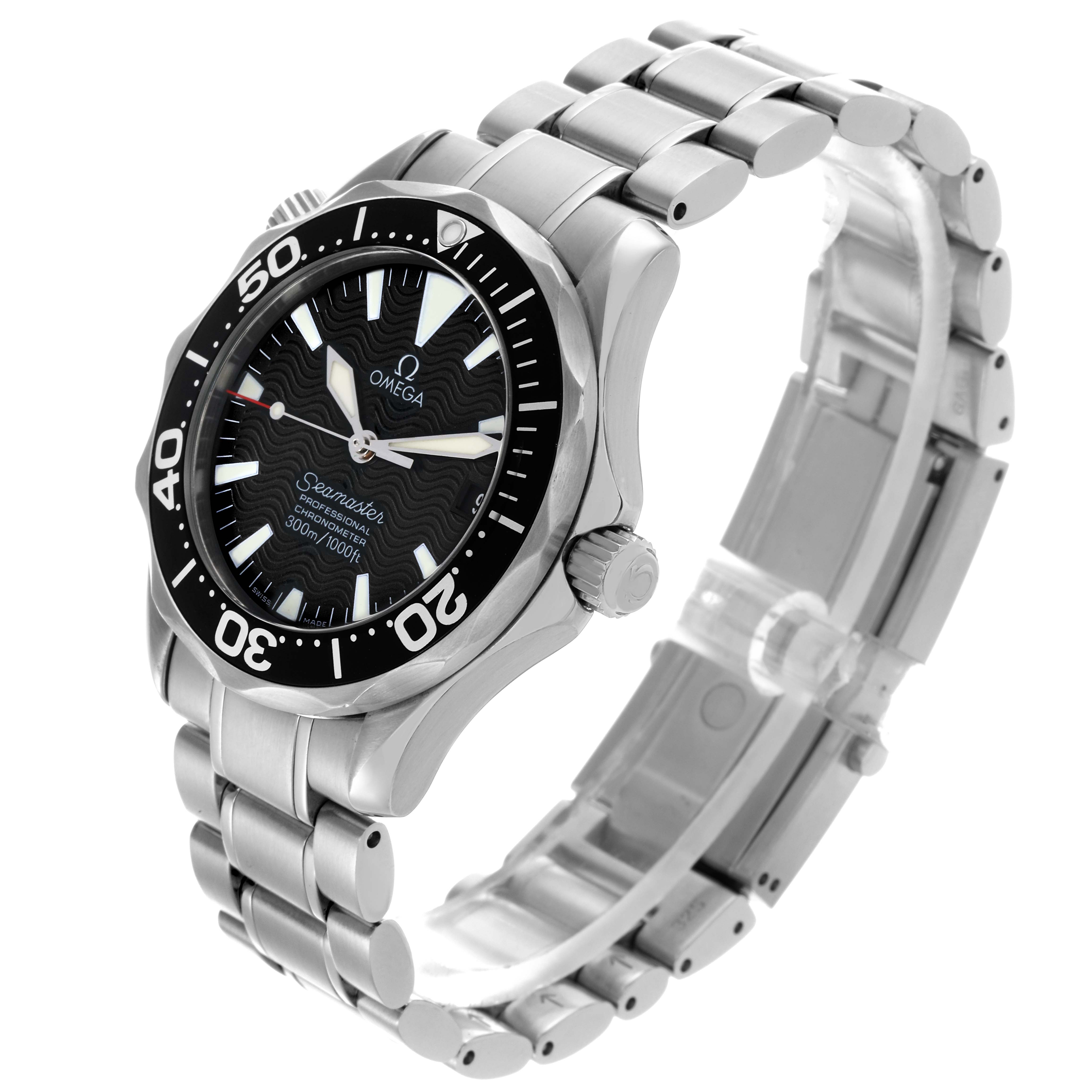 The image shows an Omega Seamaster 2252.50.00 Men
s Stainless Steel Black Dial 2252.50.00 Men
s Stainless Steel Black Dial watch at a three-quarter angle, highlighting the bezel, dial, bracelet, and crown.