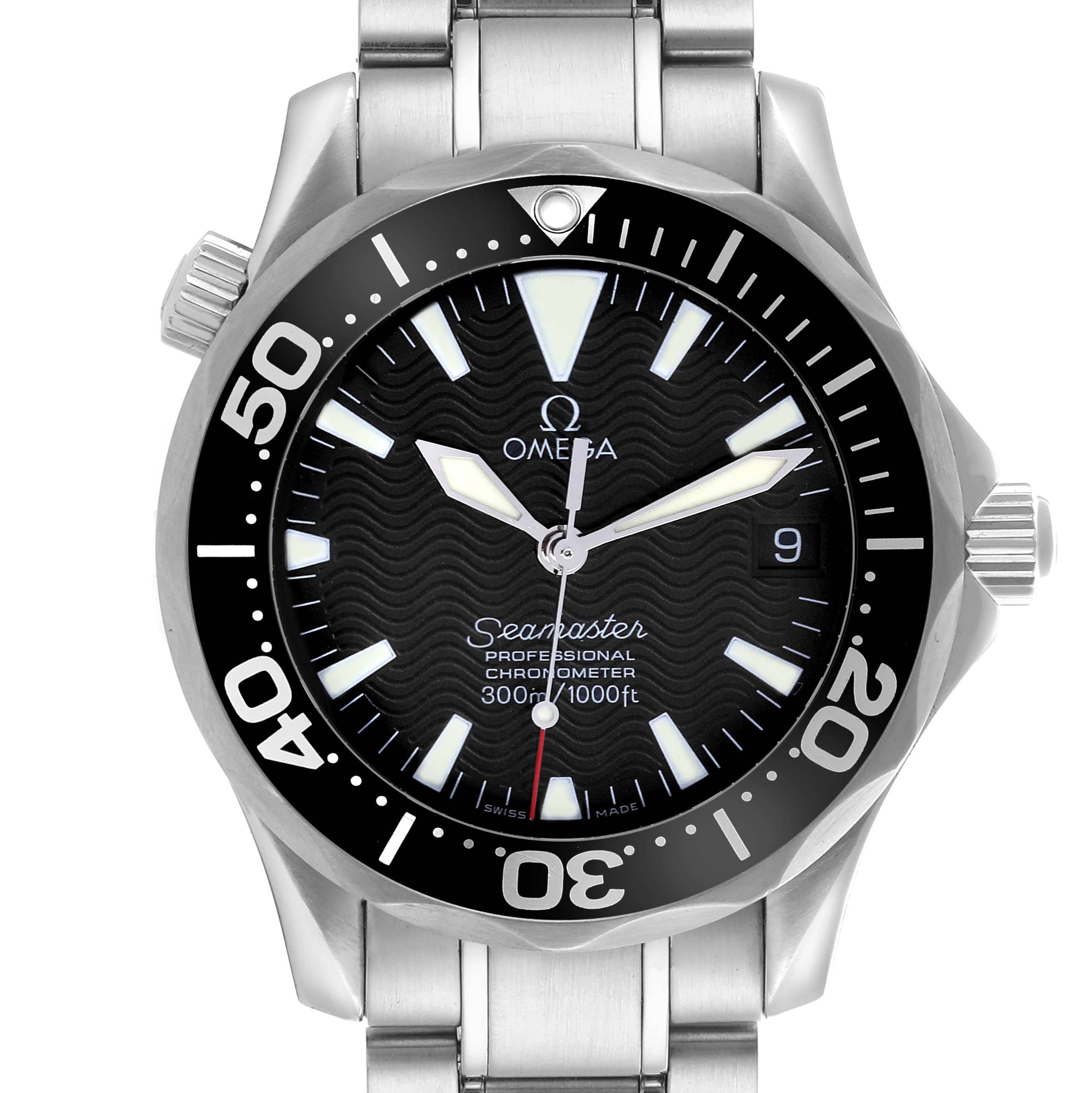 The Omega Seamaster 2252.50.00 Men
s Stainless Steel Black Dial 2252.50.00 Men
s Stainless Steel Black Dial watch is shown from the front, displaying the dial, bezel, hands, and part of the stainless steel bracelet.