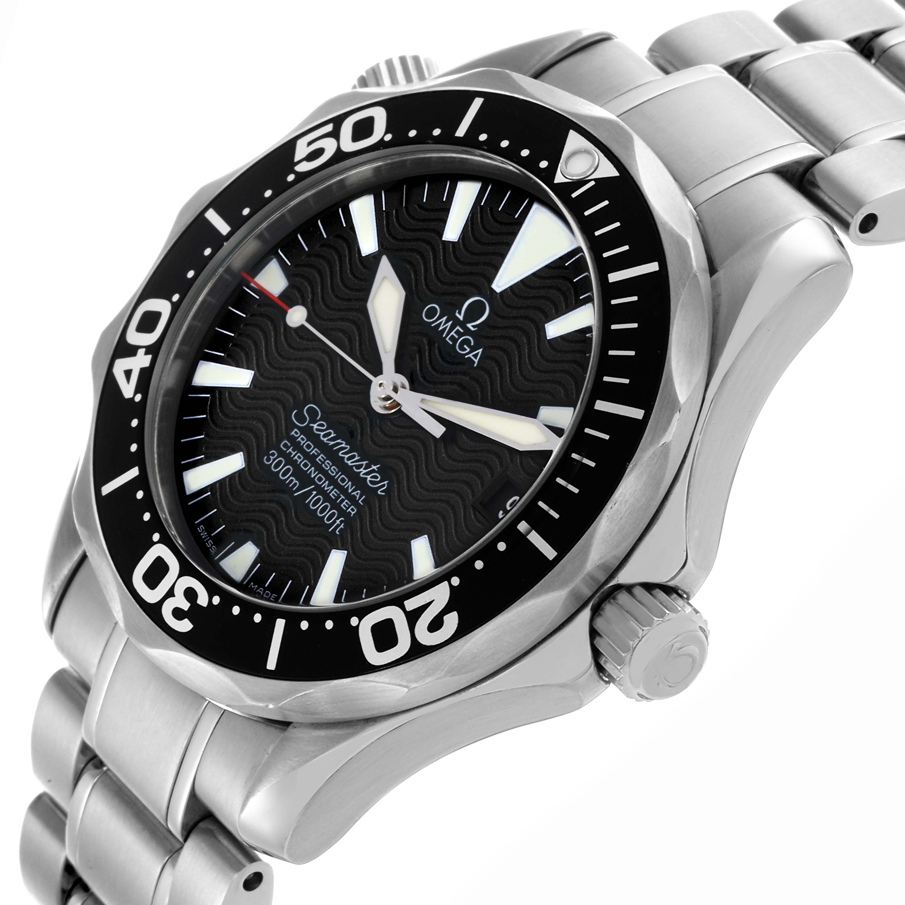 The Omega Seamaster 2252.50.00 Men
s Stainless Steel Black Dial 2252.50.00 Men
s Stainless Steel Black Dial watch is shown at an angled view, displaying its bezel, dial, crown, and part of the bracelet.