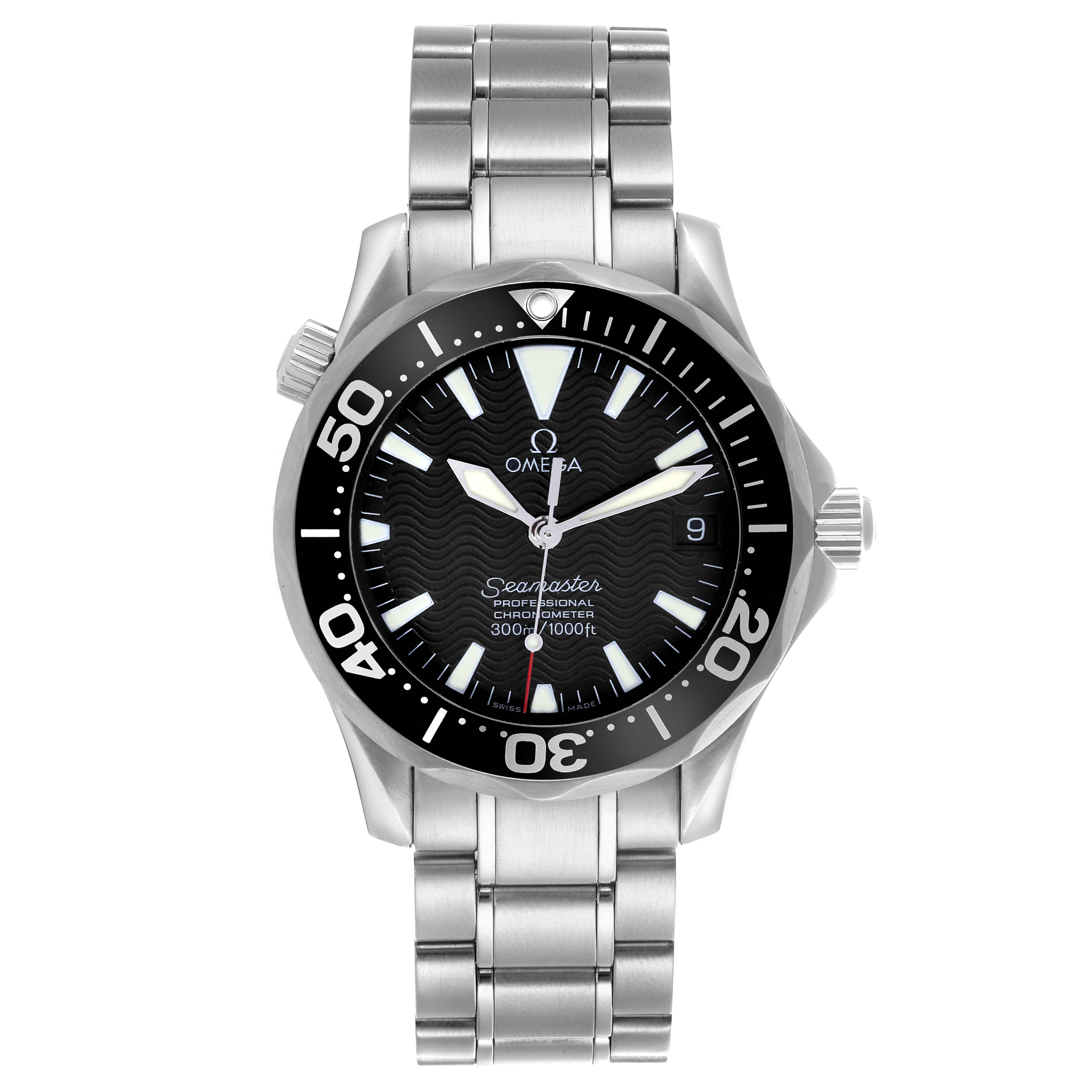 The Omega Seamaster 2252.50.00 Men
s Stainless Steel Black Dial 2252.50.00 Men
s Stainless Steel Black Dial watch is shown from a front angle, highlighting the bezel, dial, hands, and stainless steel bracelet.