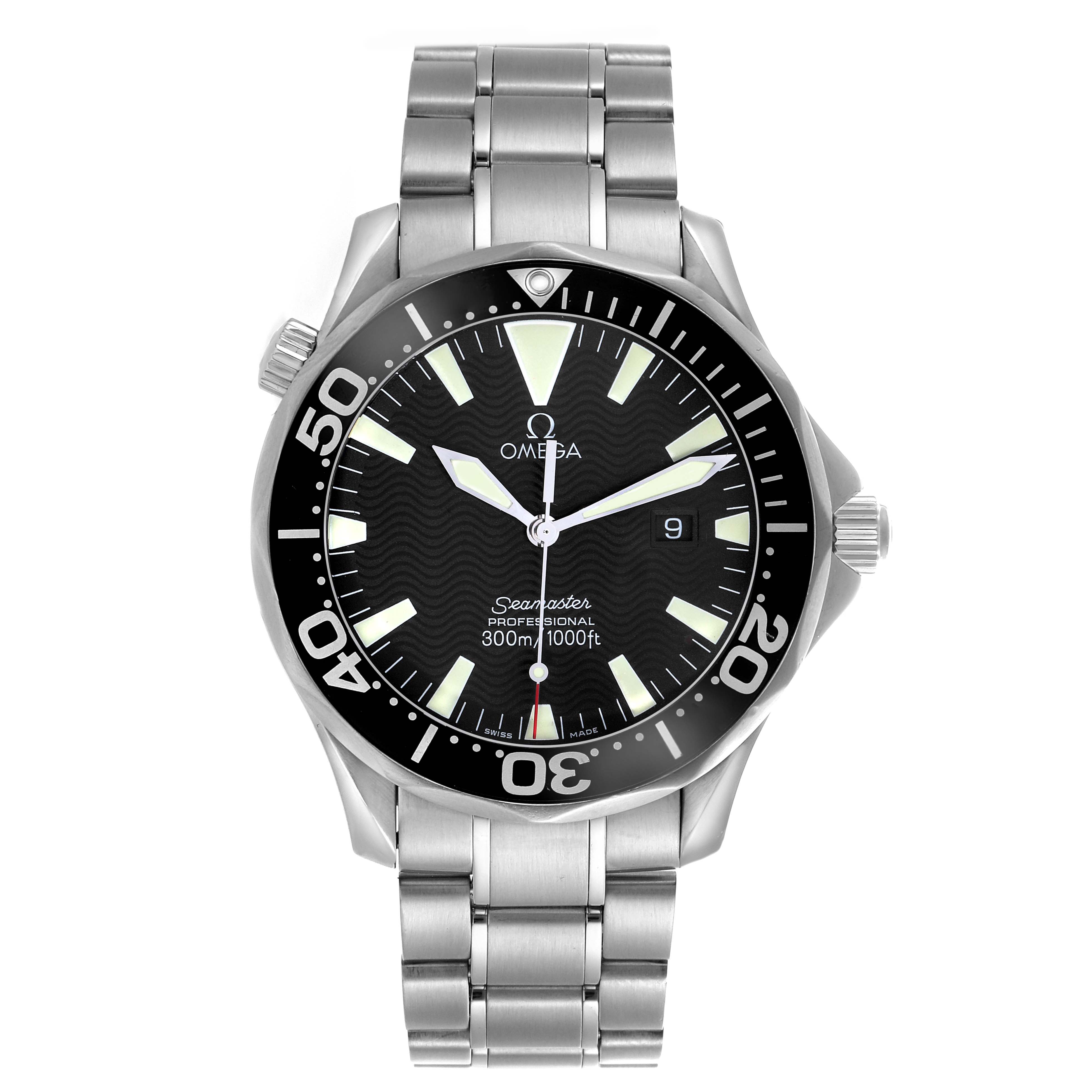The Omega Seamaster 2264.50.00 Men
s Stainless Steel Black Dial 2264.50.00 Men
s Stainless Steel Black Dial watch is shown from a top-down angle, highlighting the dial, bezel, and metal bracelet.