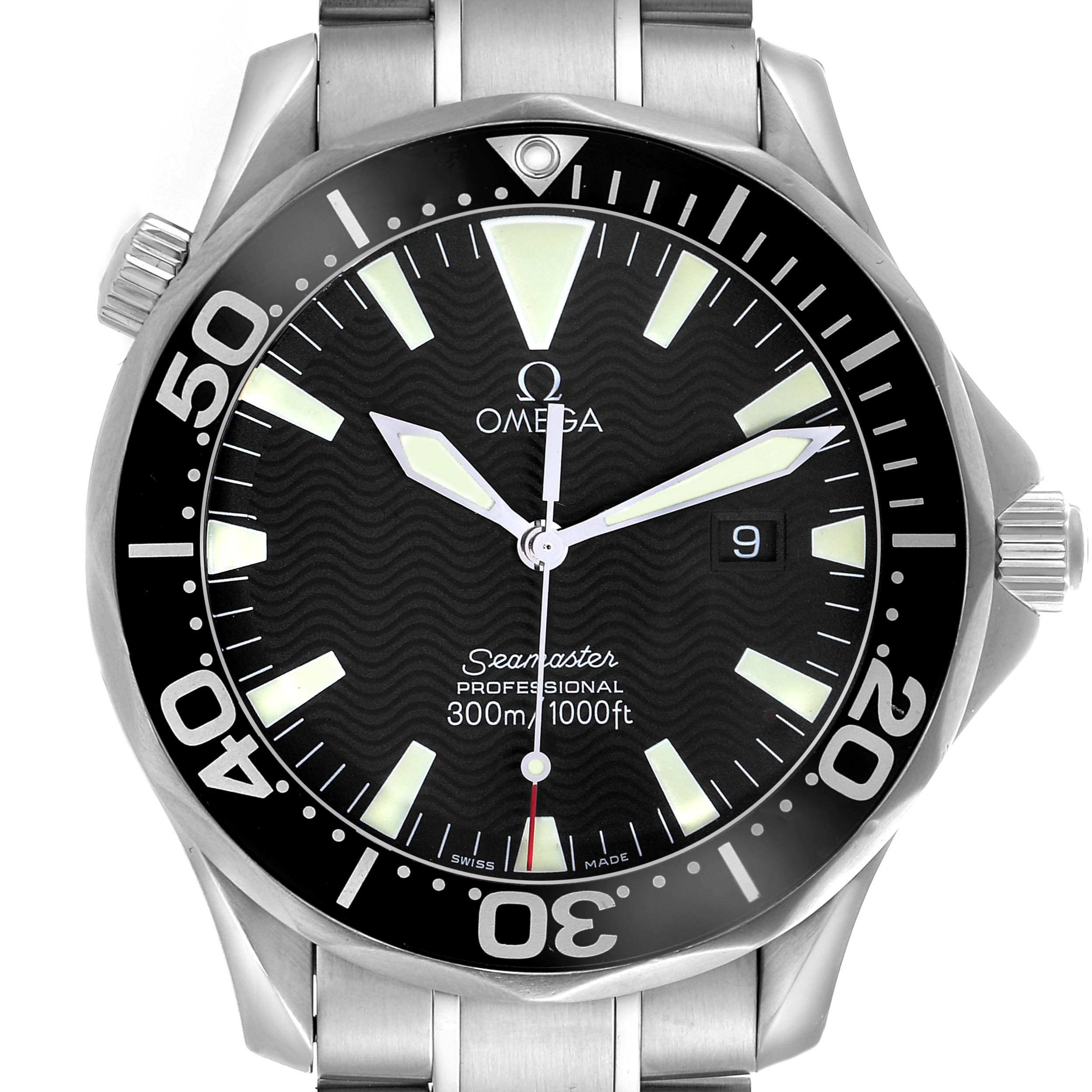 The Omega Seamaster 2264.50.00 Men
s Stainless Steel Black Dial 2264.50.00 Men
s Stainless Steel Black Dial watch is shown from a front angle, displaying the dial, bezel, and part of the bracelet.